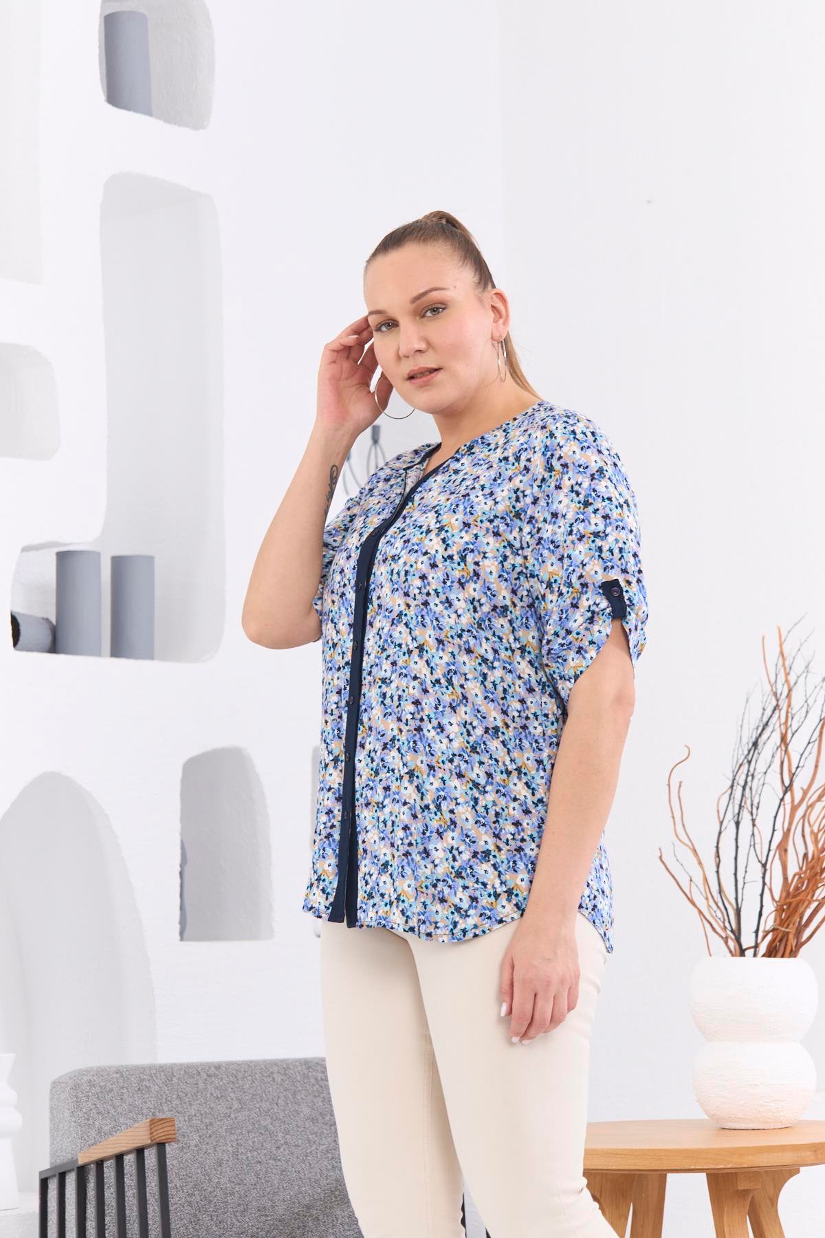 Rmg Çiçek Desenli Patlı Büyük Beden Lacivert Gömlek