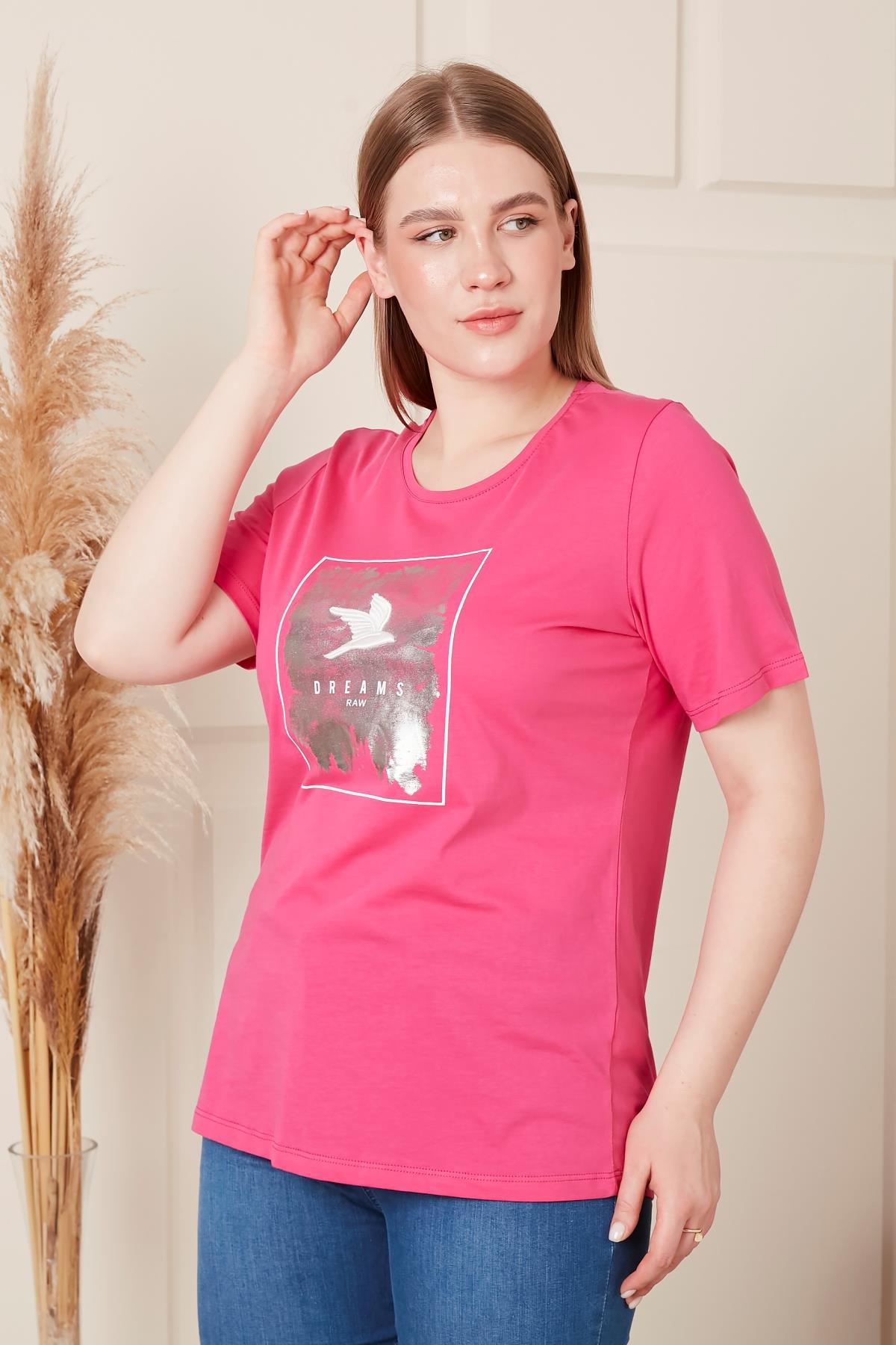 Rmg Nakış İşlemeli Baskılı Büyük Beden Fuşya Tişört