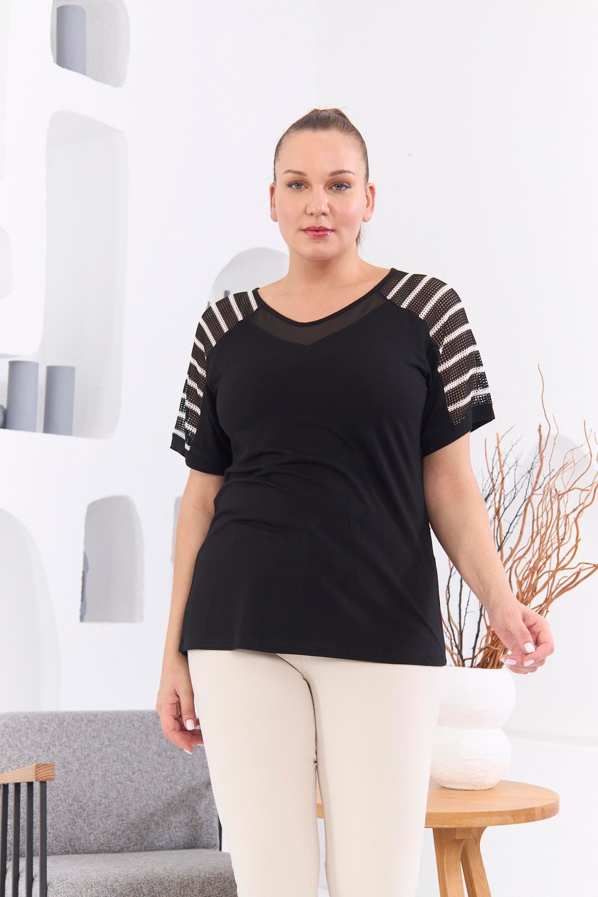 Rmg Omuz File Detaylı Büyük Beden Siyah Tişört