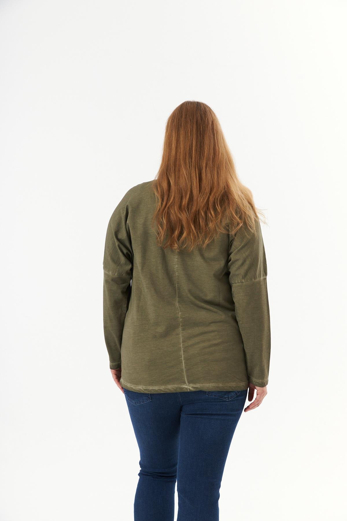 Büyük Beden Cep Detay Parça Boya Sweatshirt Haki