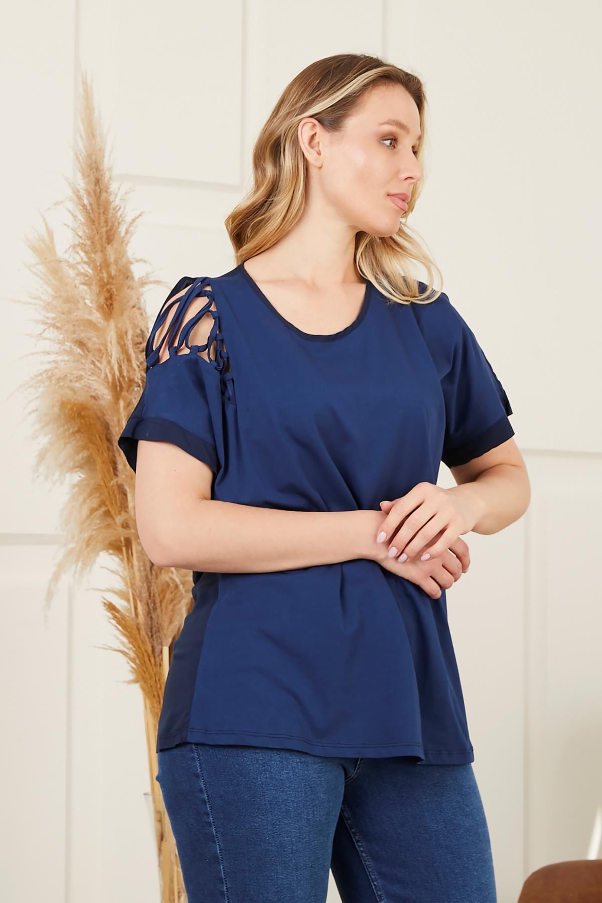 Rmg Omuz Detaylı Büyük Beden İndigo Tişört