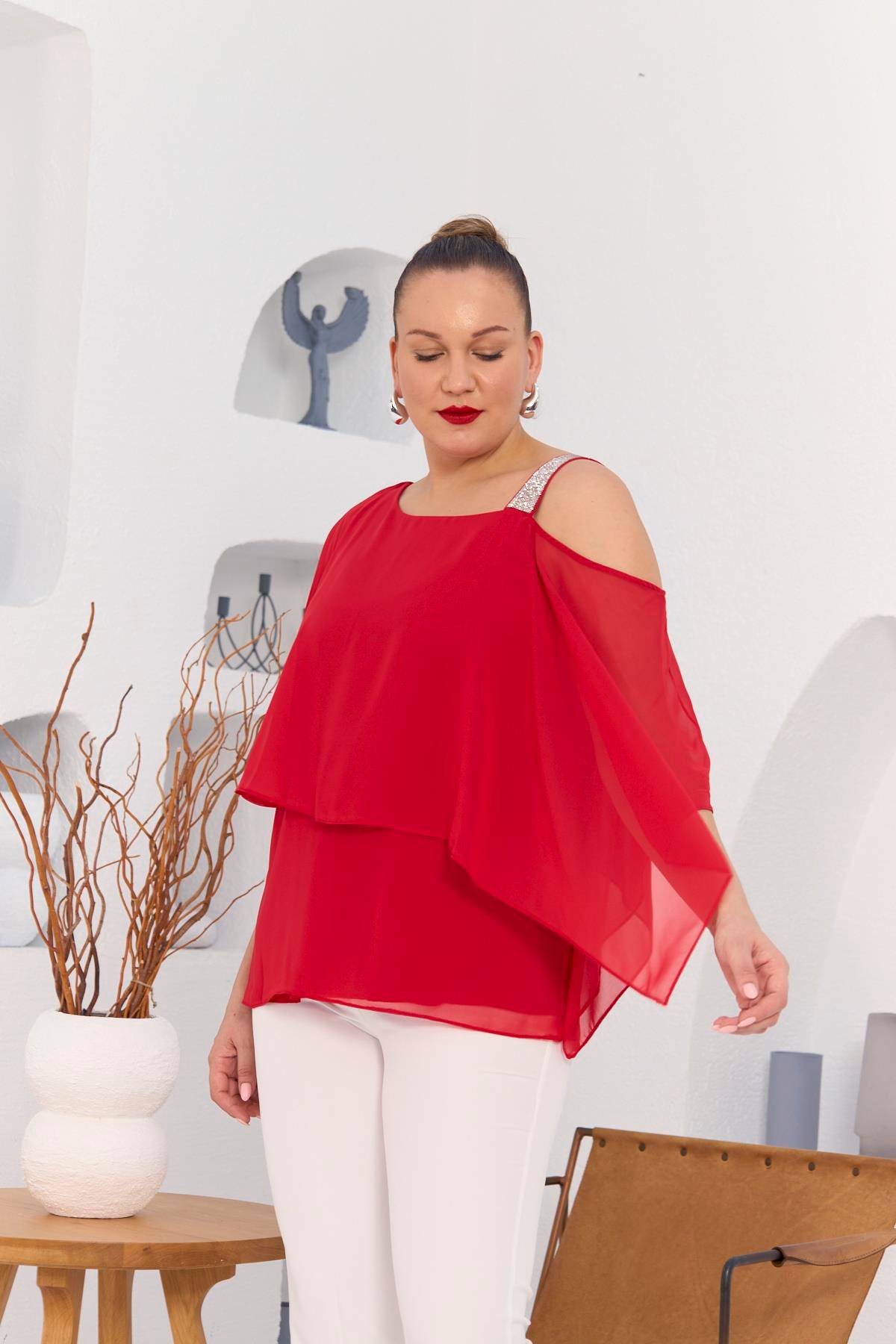 Rmg Omuz Taş Detay İçlikli Şifon Büyük Beden Bluz Mercan