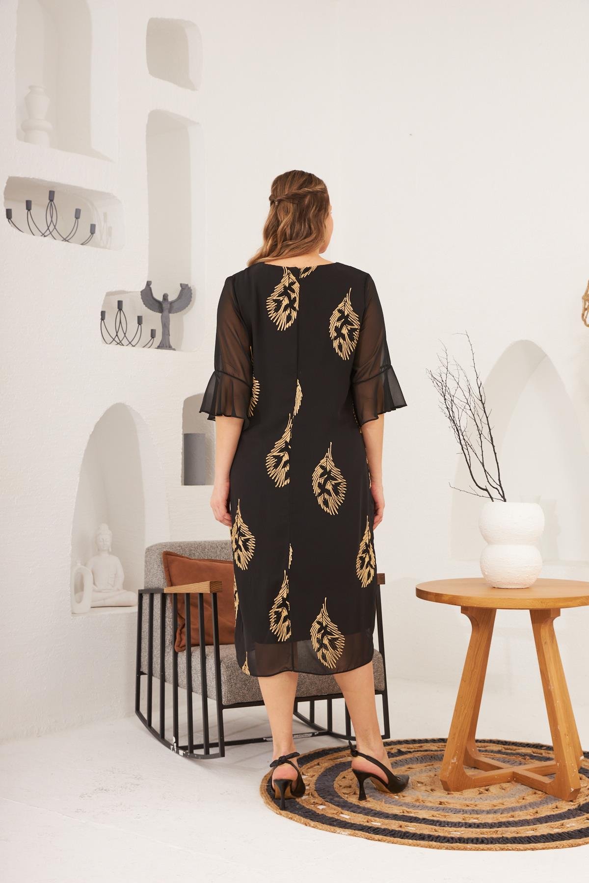 Rmg Nakış Detay İçlikli Büyük Beden Abiye Elbise Siyah