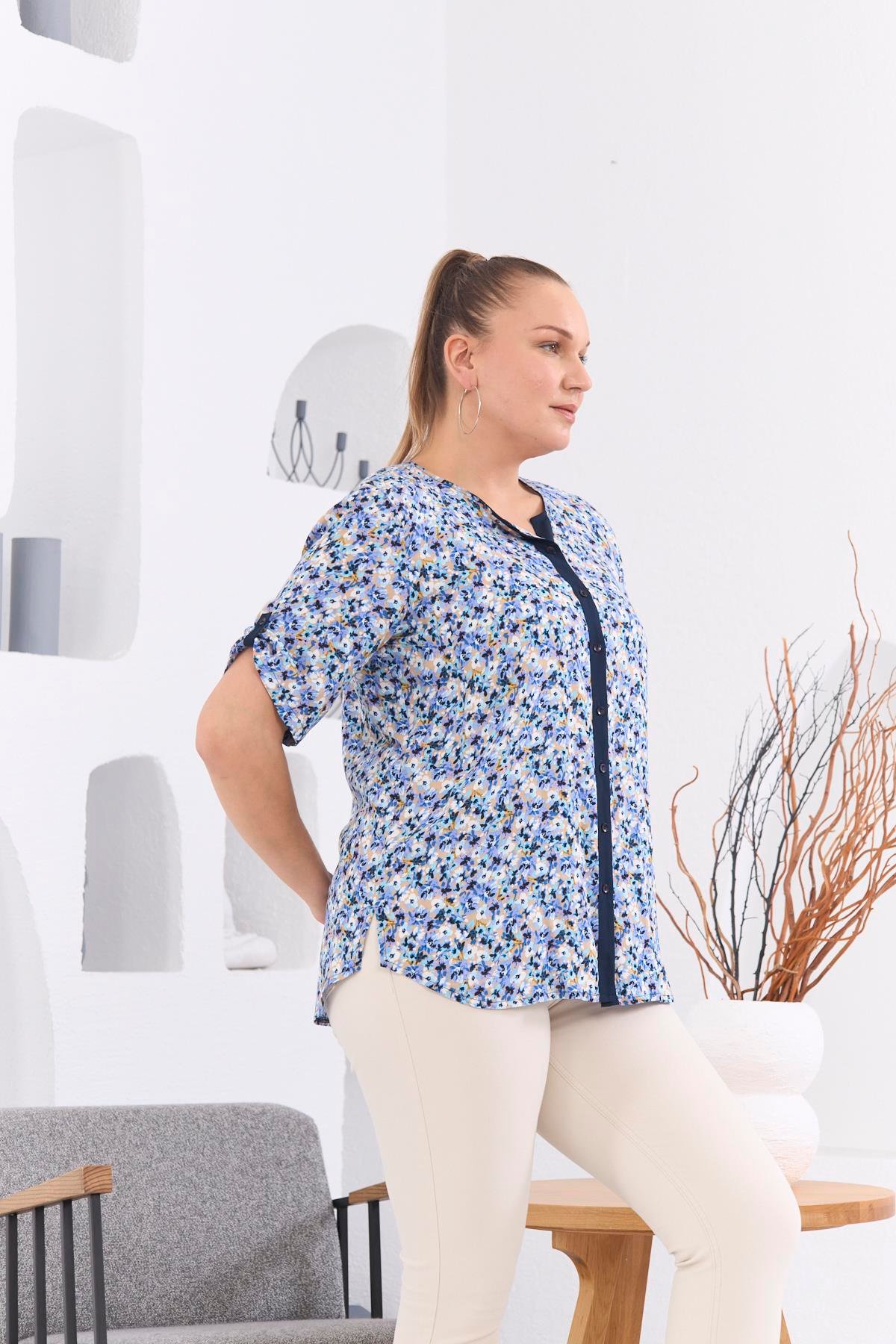 Rmg Çiçek Desenli Patlı Büyük Beden Lacivert Gömlek