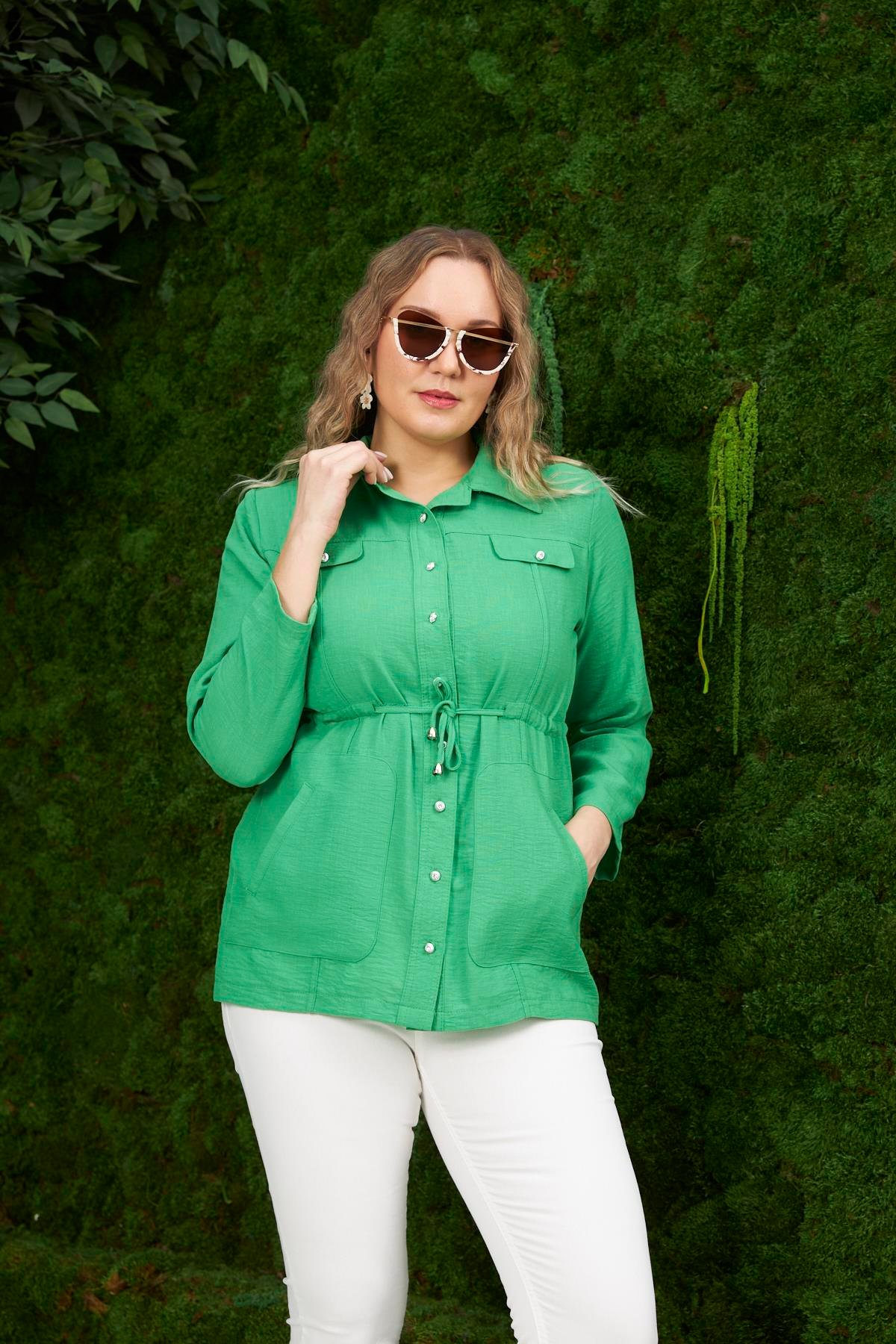 RMG Bel Bağcık Detaylı Büyük Beden Yeşil Keten Ceket