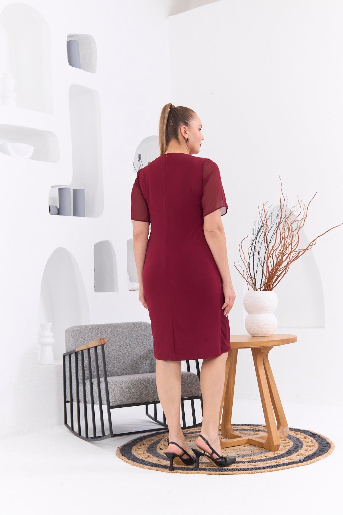 Rmg Asimetrik Büyük Beden Taş Aksesuarlı Bordo Abiye Elbise