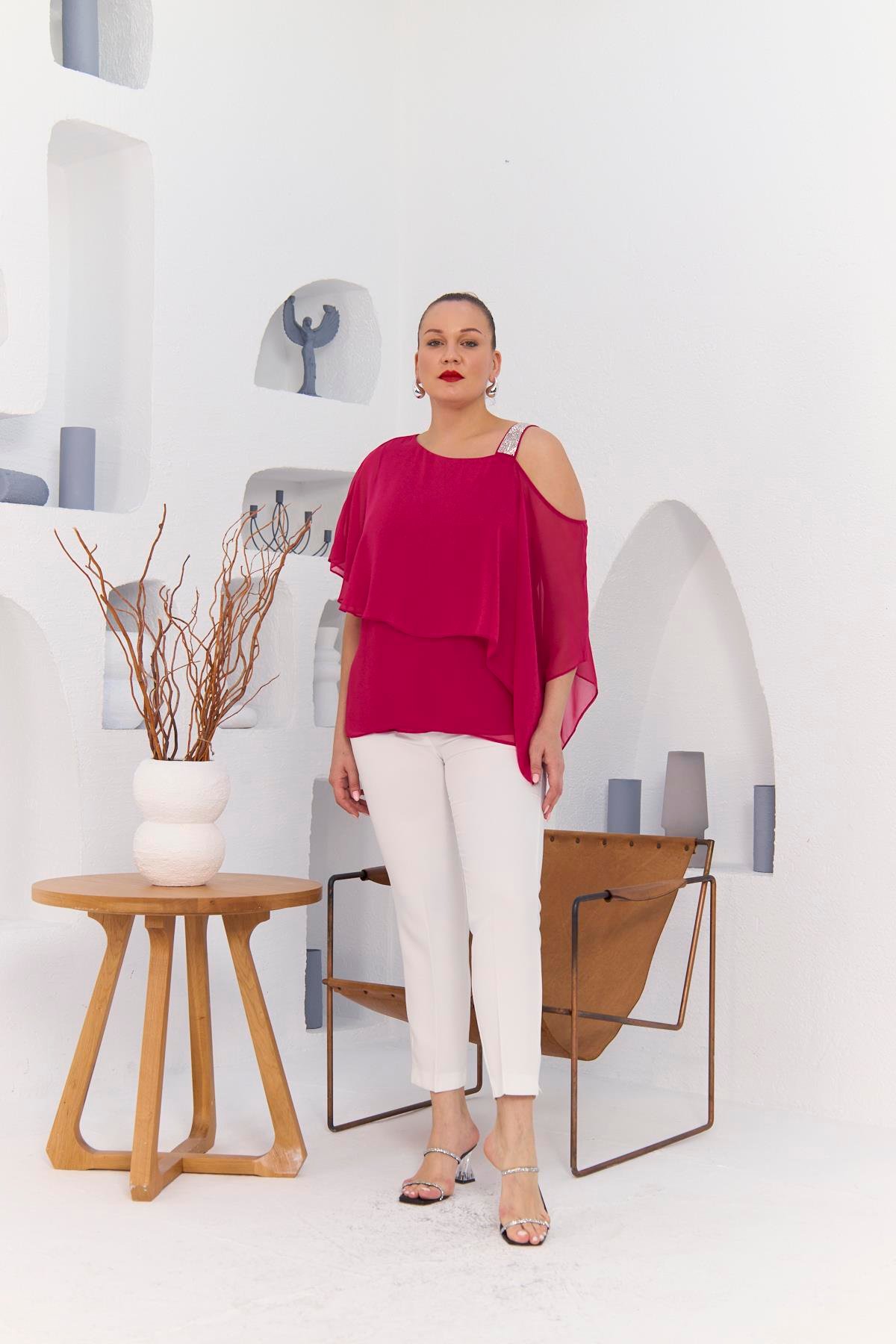 Rmg Omuz Taş Detay İçlikli Şifon Büyük Beden Bluz Fuşya