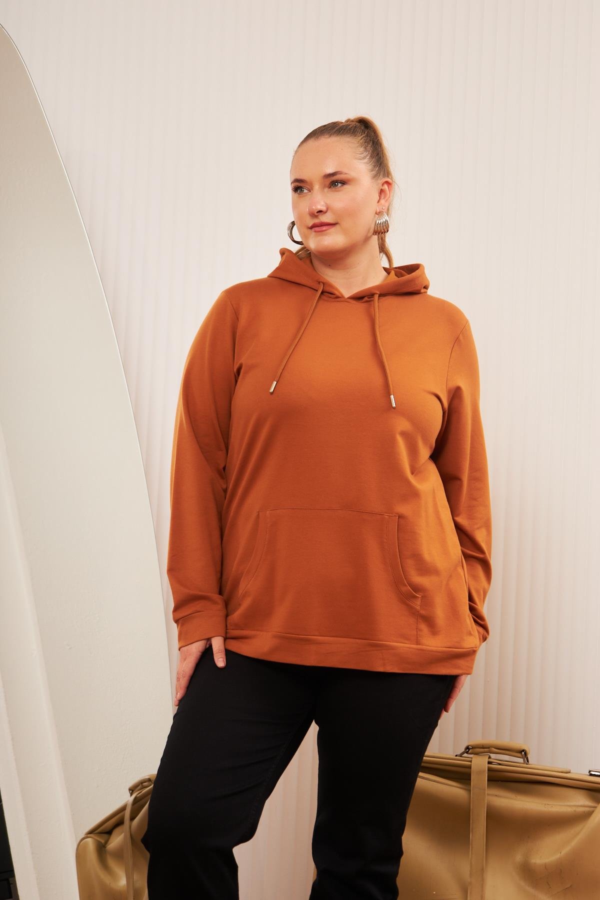 Rmg Kapşonlu Büyük Beden Camel Sweatshirt