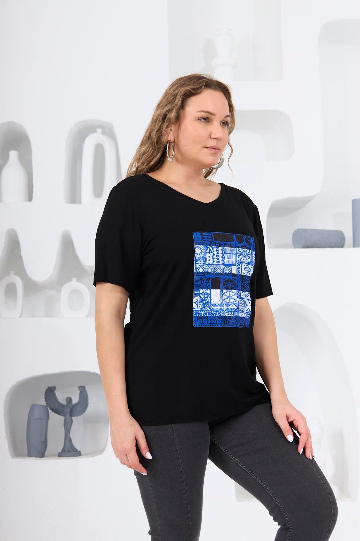 Rmg Sırt Detaylı Büyük Beden Baskılı İndigo Tişört