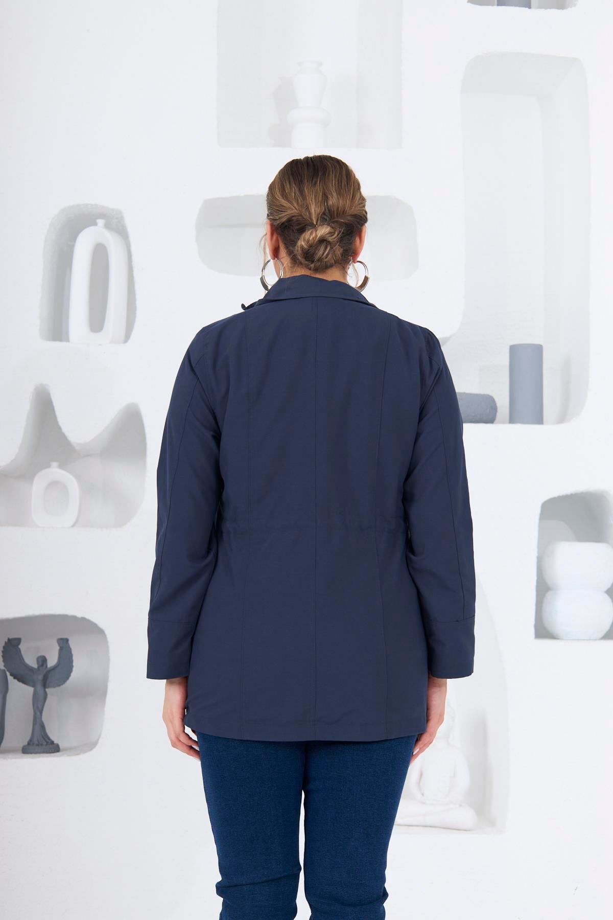 Büyük Beden Astarlı Trençkot Lacivert