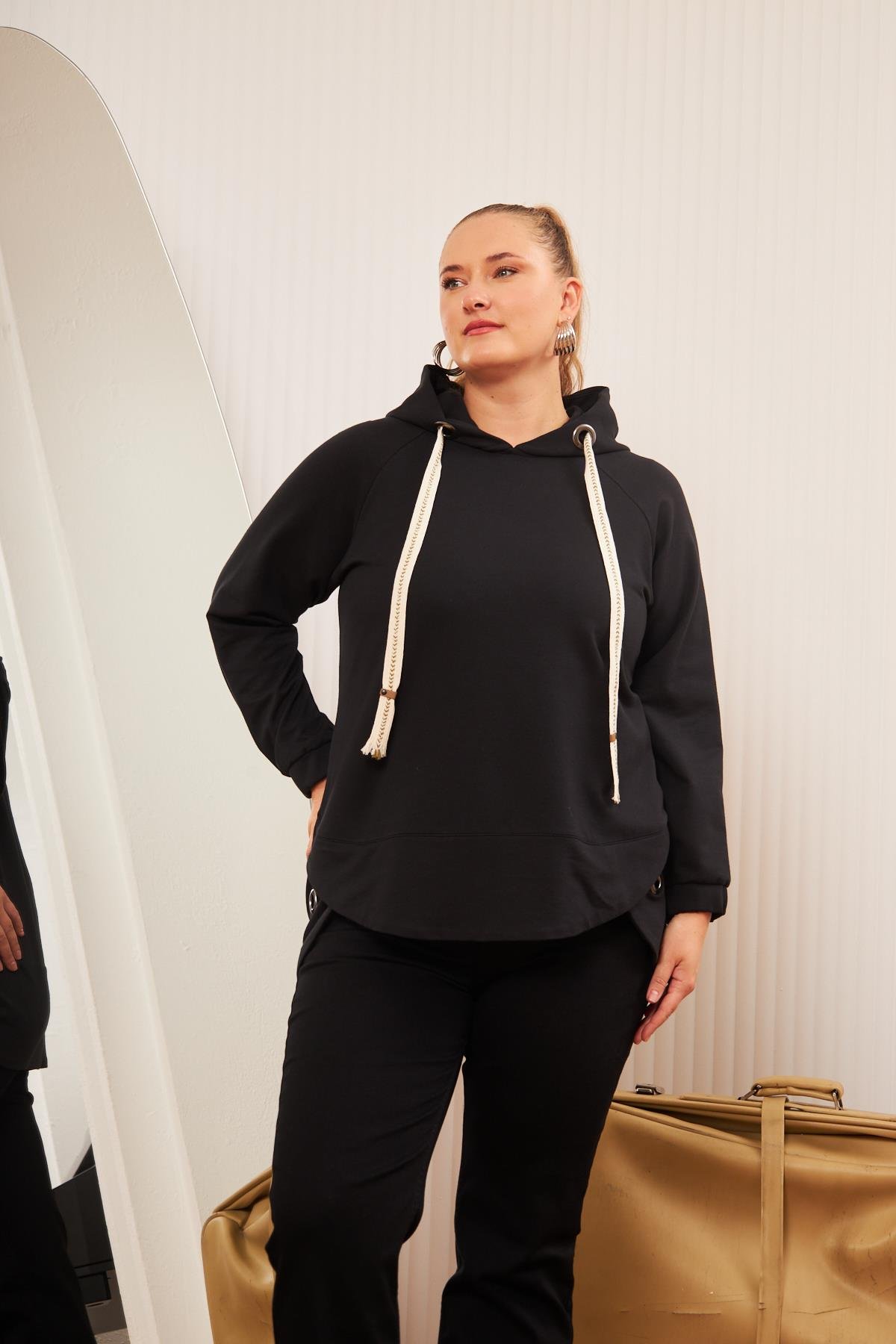 Büyük Beden Süslemeli Bağcıklı Kordon Sweatshirt Mavi