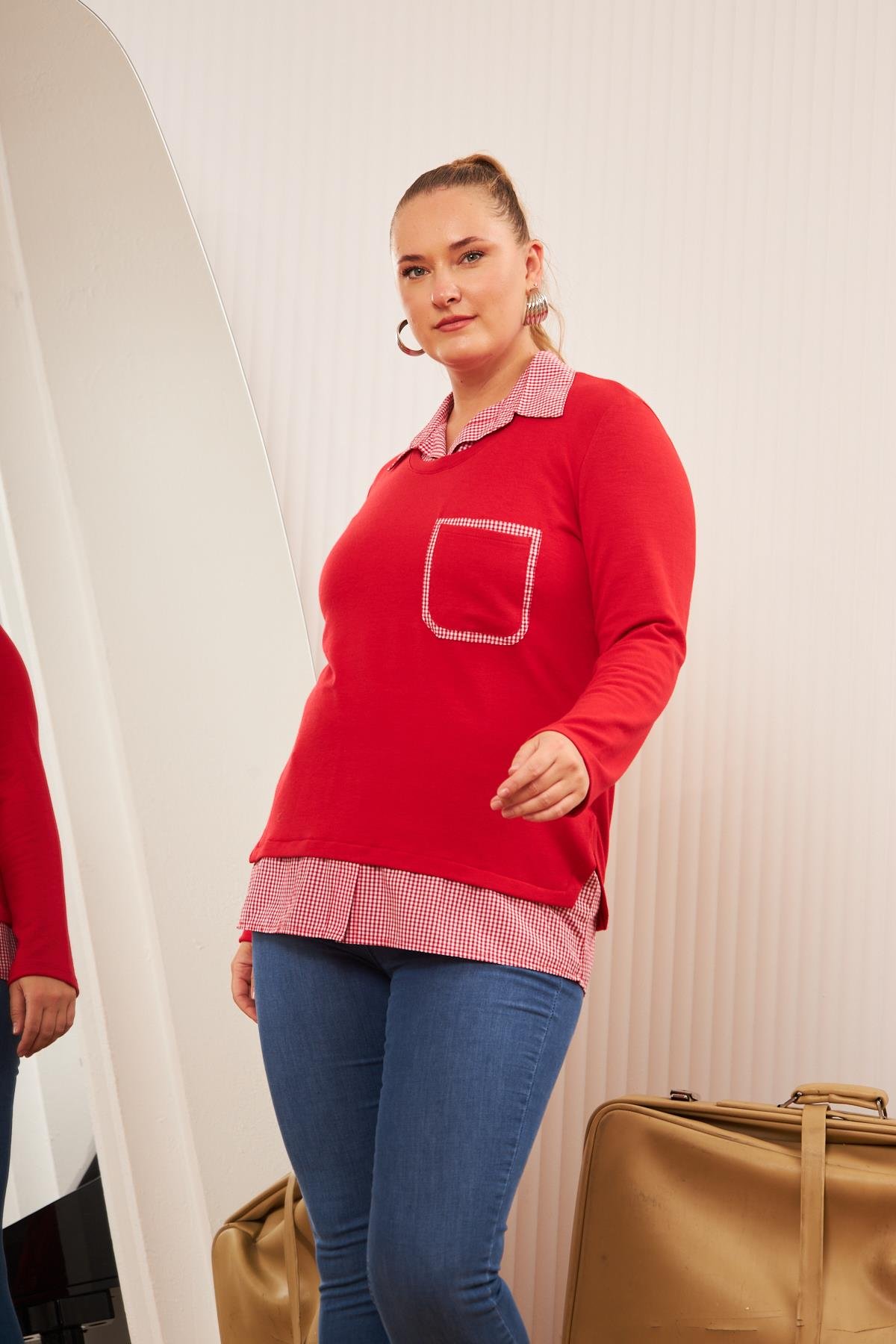 Cep Detaylı Ekoseli Büyük Beden Kırmızı Gömlek Bluz