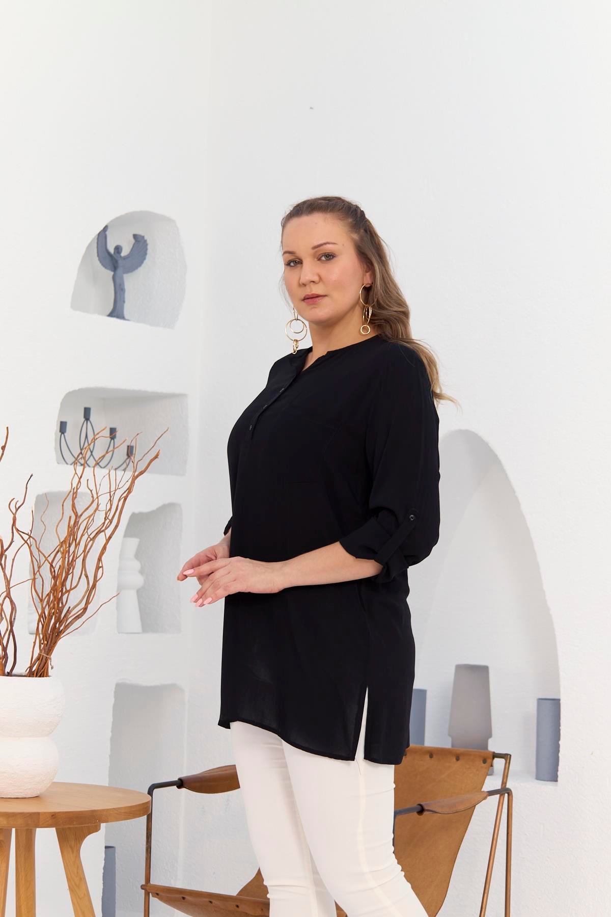 Rmg Cep Ve Kol Detaylı Yırtmaçlı Büyük Beden Siyah Tunik