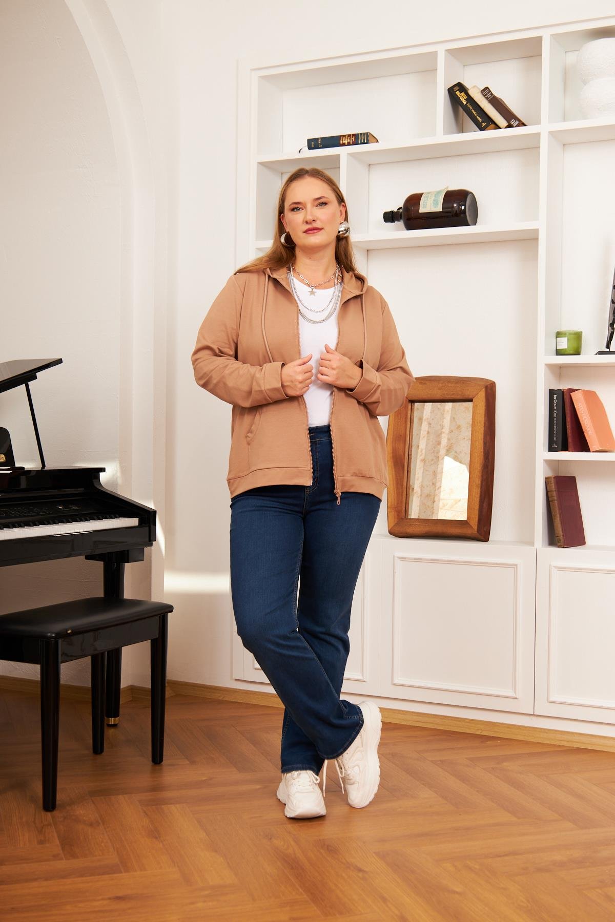 Rmg Fermuar Detaylı Büyük Beden Vizon Eşofman Üst