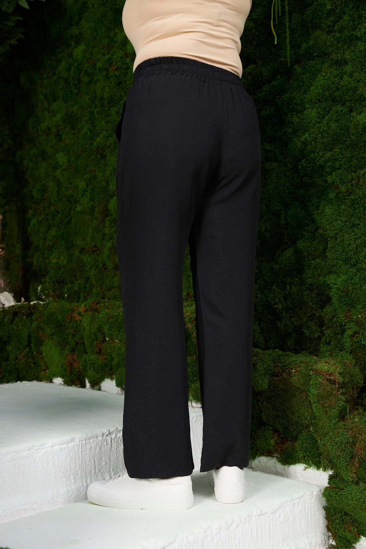 Rmg Beli Lastikli Geniş Paça Büyük Beden Siyah Pantolon