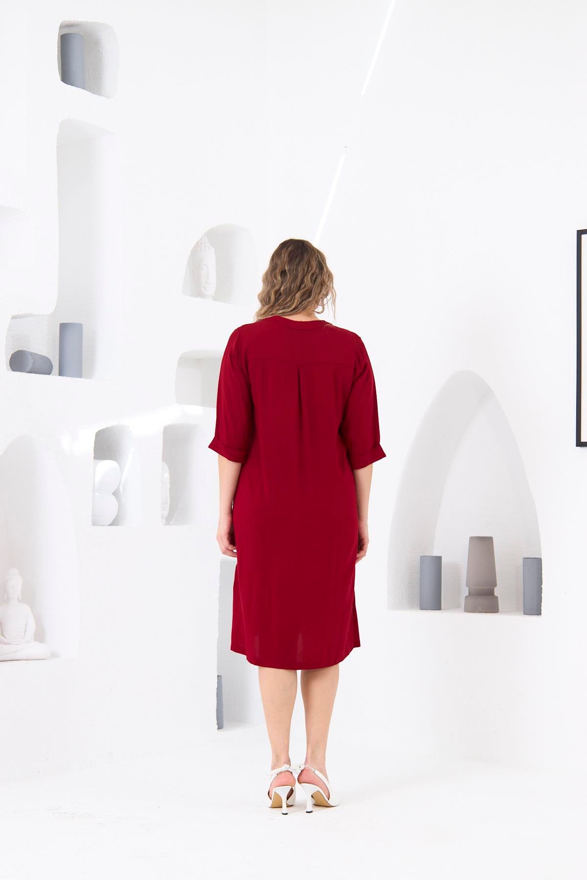 Rmg Düğme Detaylı Büyük Beden Bordo Viskon Elbise