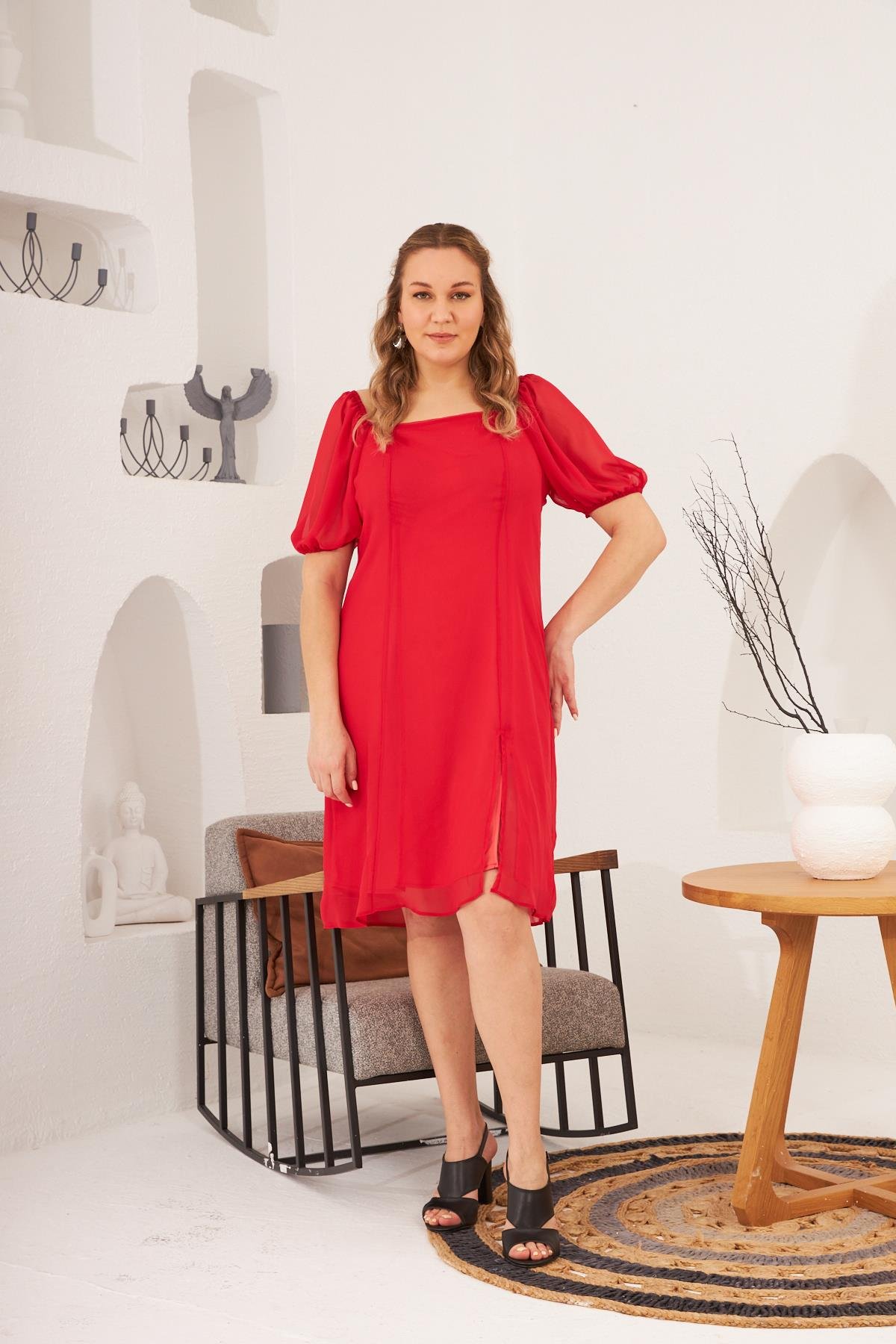 Rmg Kol ve Omuz Lastikli Büyük Beden Astarlı Şifon Nar Elbise