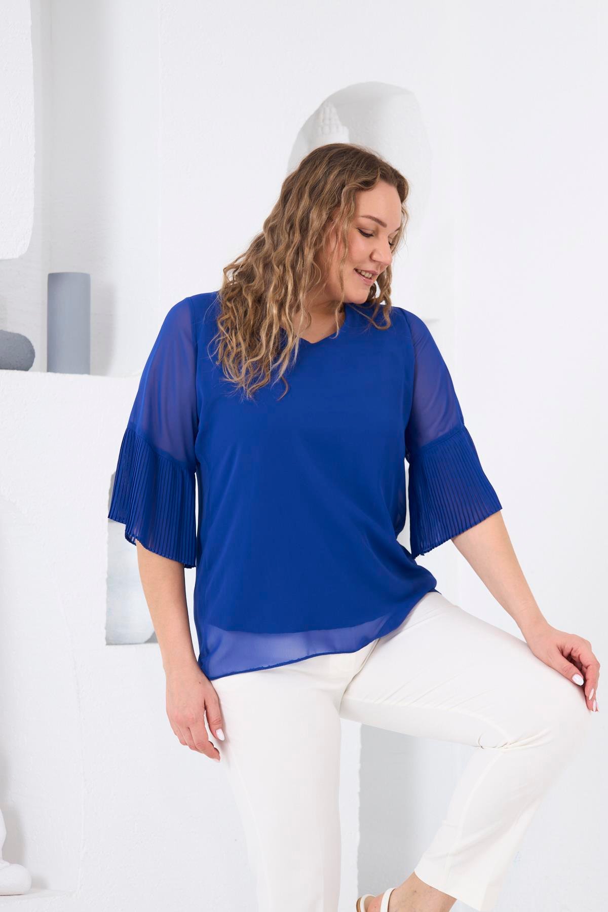 Rmg Kolları Piliseli Büyük Beden Saks Bluz