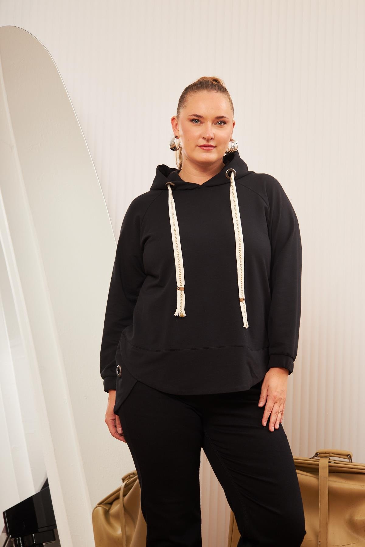 Büyük Beden Süslemeli Bağcıklı Kordon Sweatshirt Mavi