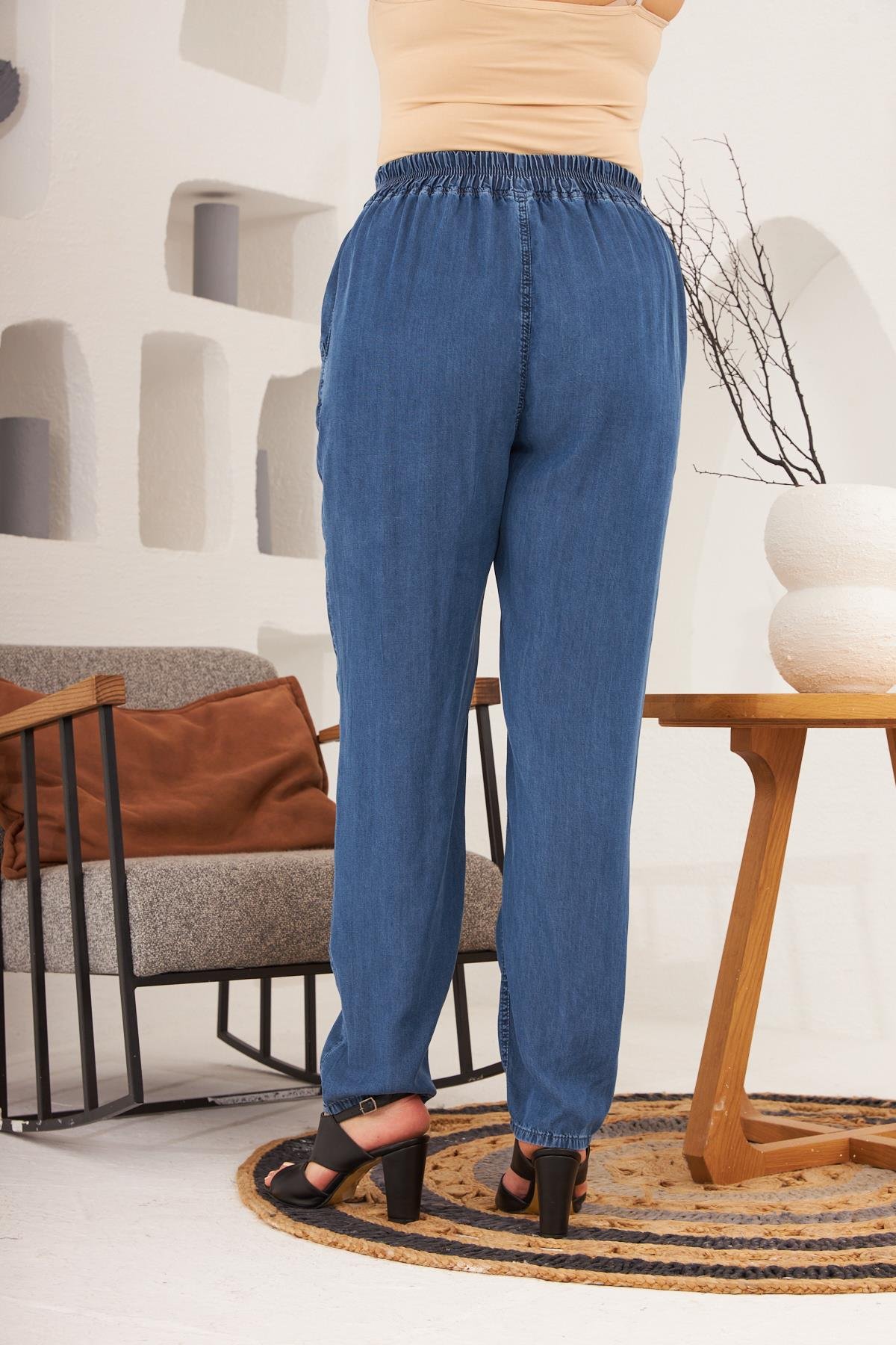 Rmg Bel Bağcık Detaylı Beli Lastikli Büyük Beden Mavi Pantolon