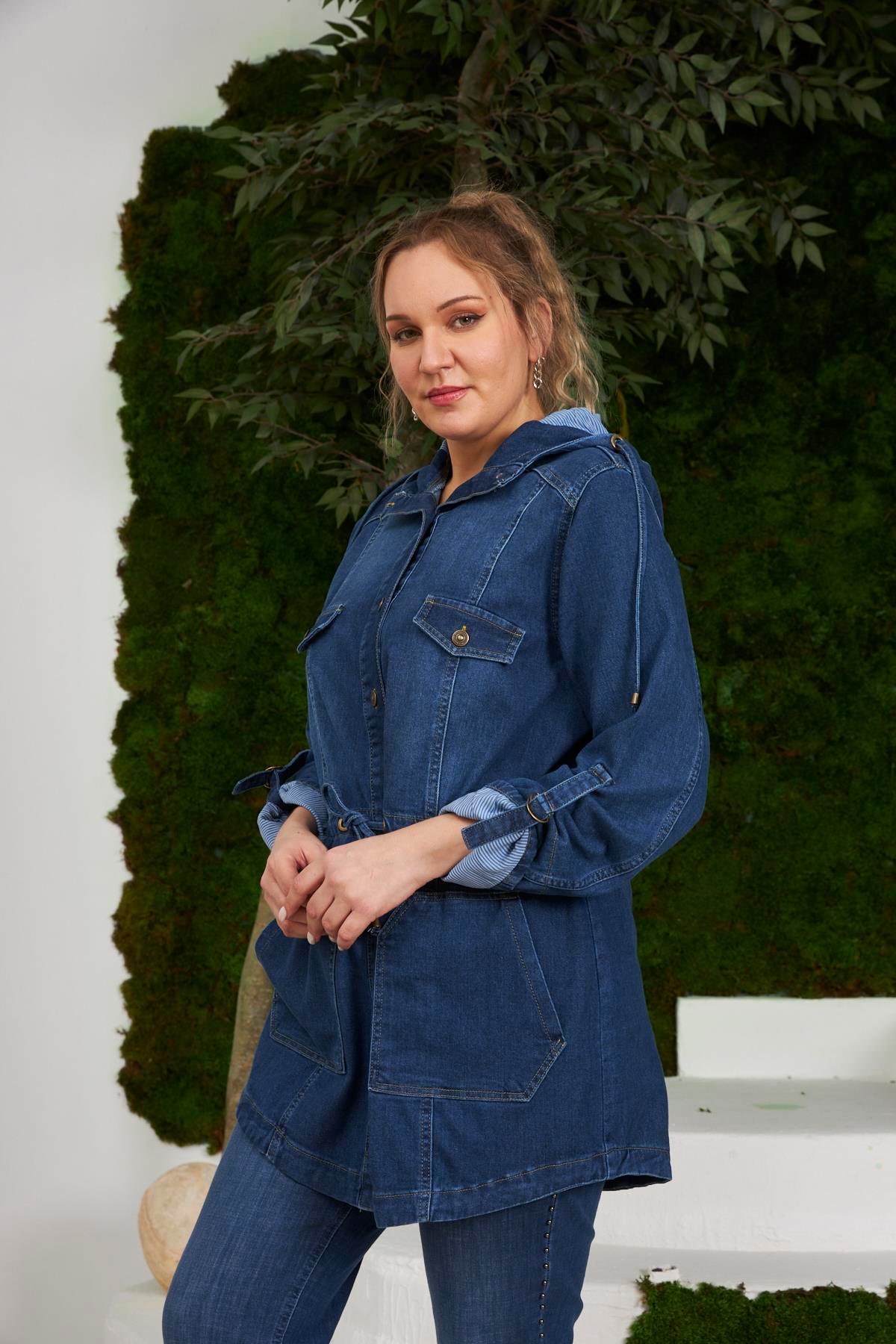 Rmg Cep Detaylı Büyük Beden Mavi Kot Ceket