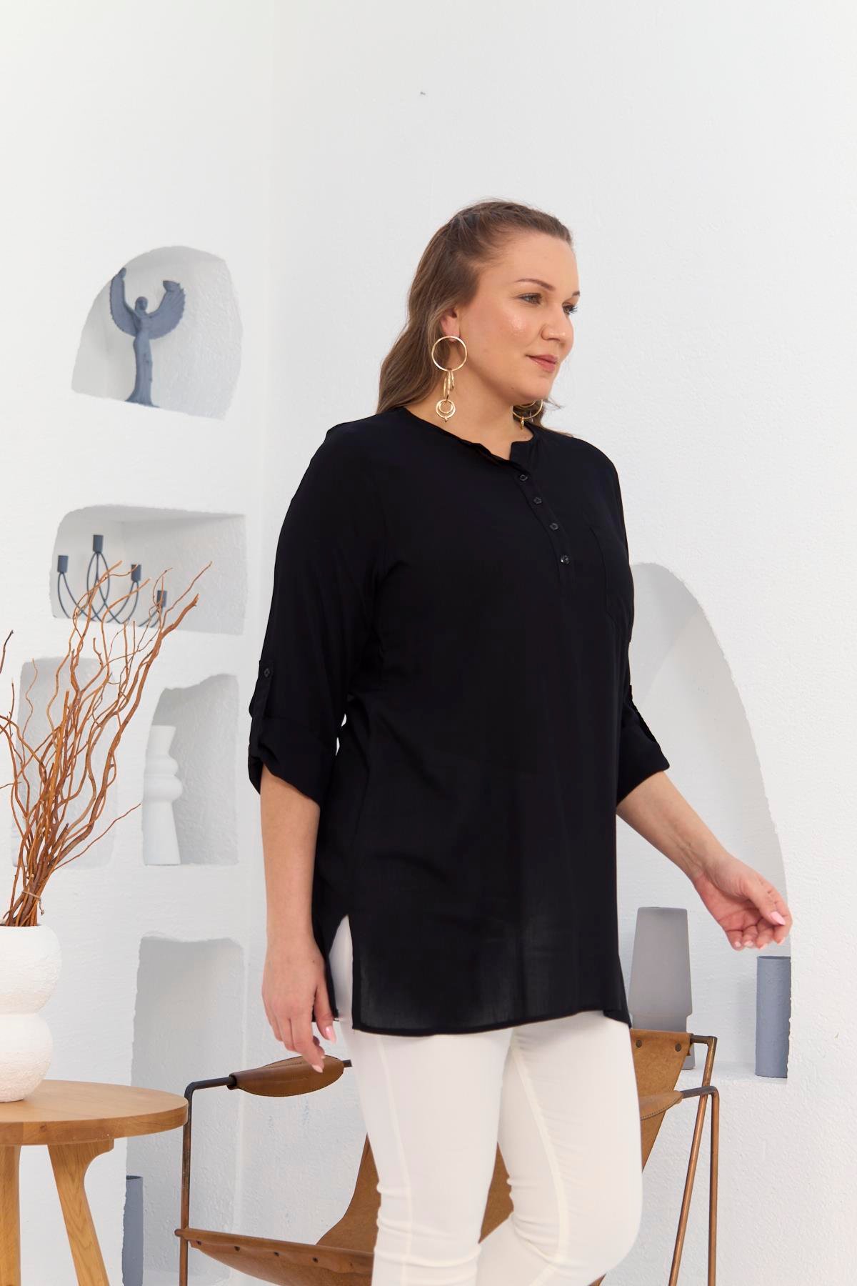 Rmg Cep Ve Kol Detaylı Yırtmaçlı Büyük Beden Siyah Tunik