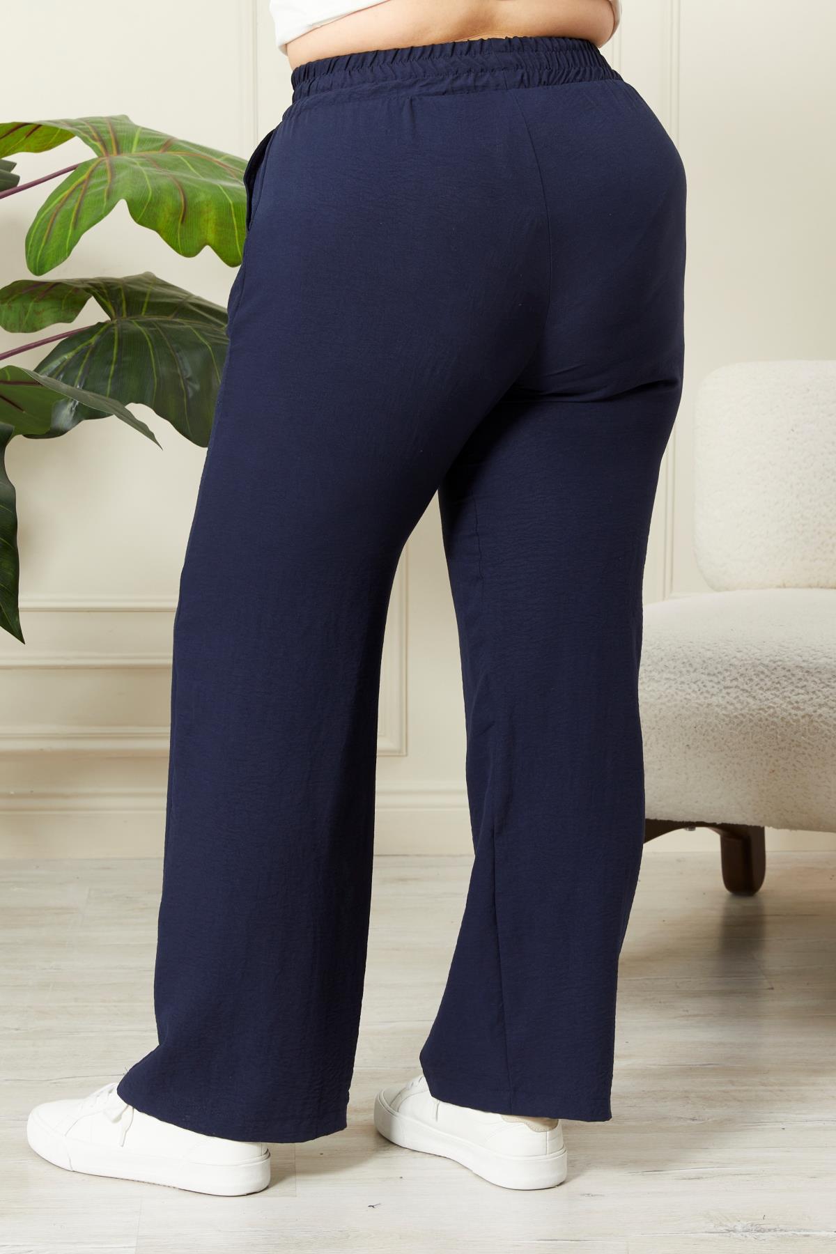 Rmg Beli Lastikli Geniş Paça Büyük Beden Lacivert Pantolon