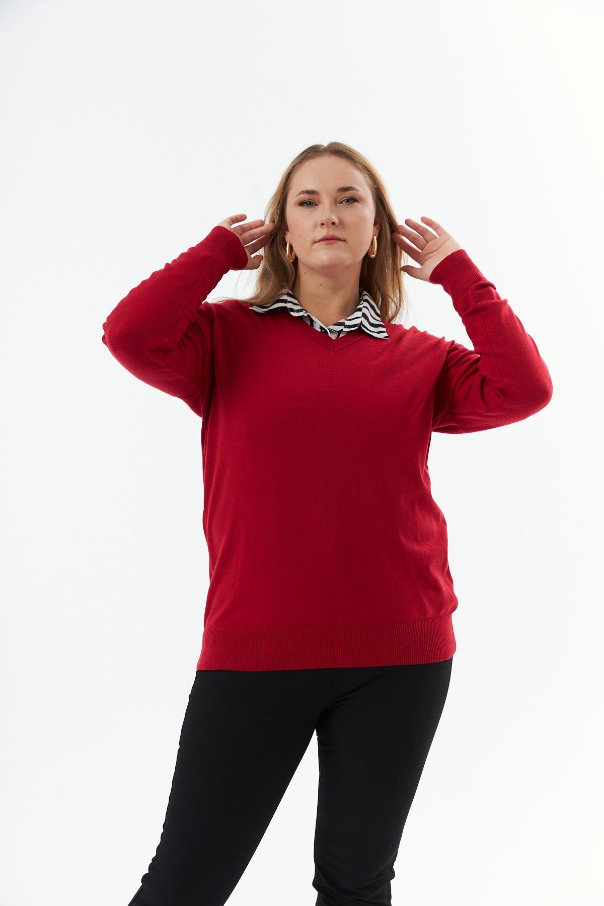 Büyük Beden V Yaka Triko Kazak Kırmızı