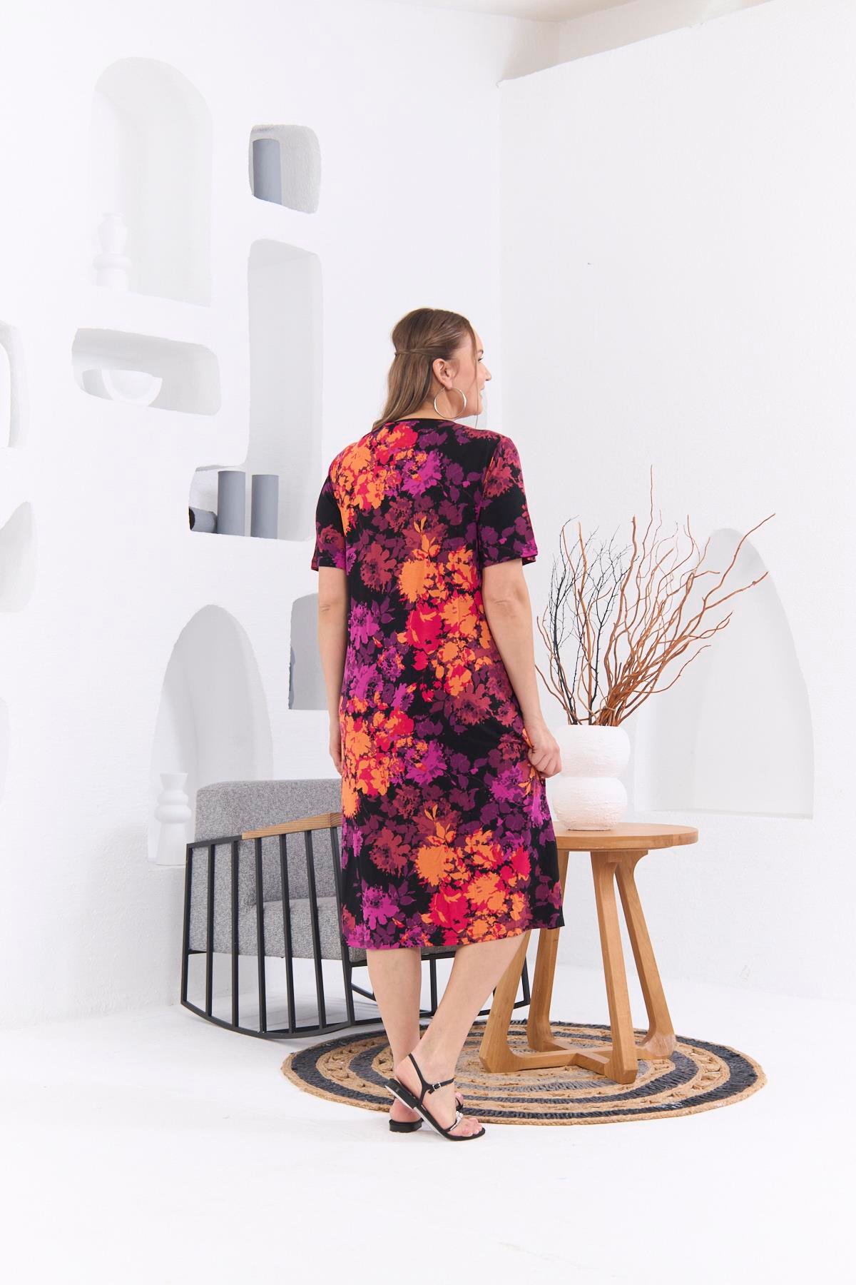 Rmg Cepli Çiçek Desenli Büyük Beden Oranj Elbise