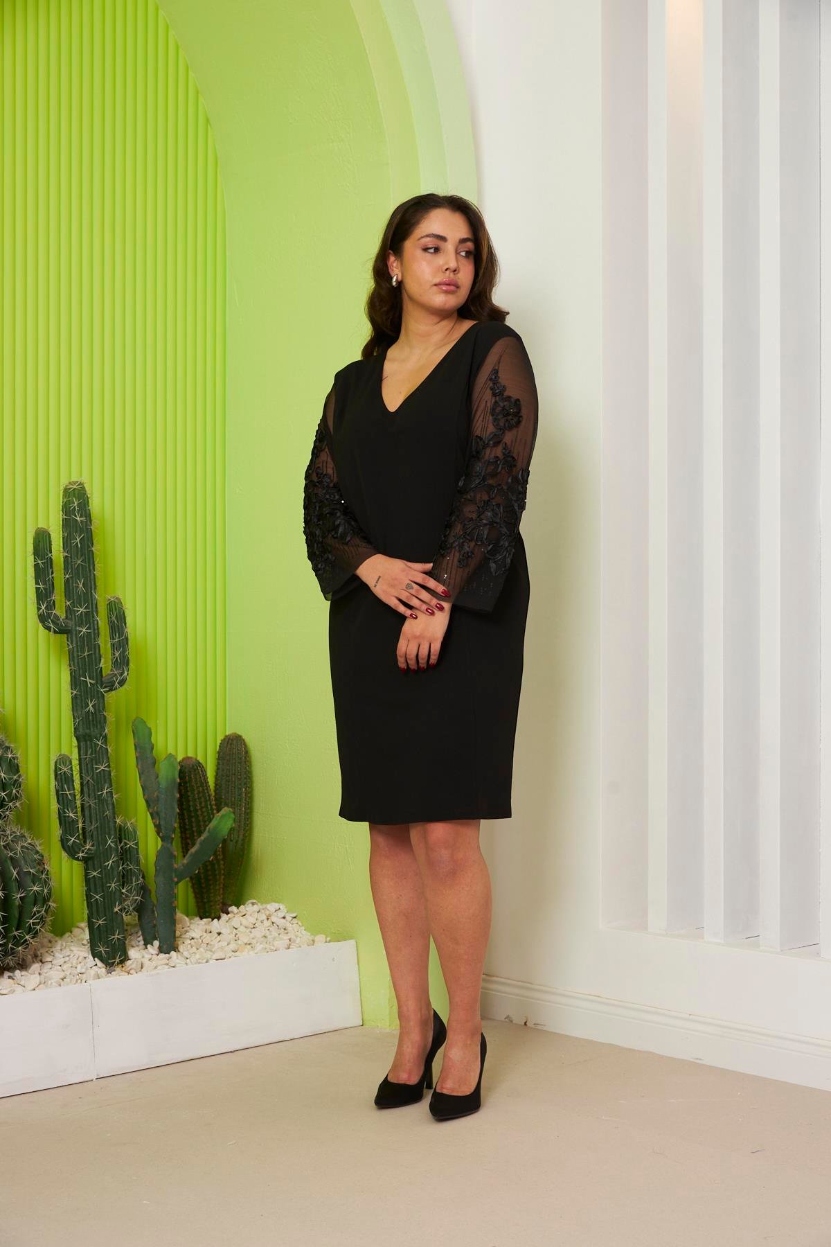 Rmg Kol Detaylı Astarlı Büyük Beden Siyah Elbise 