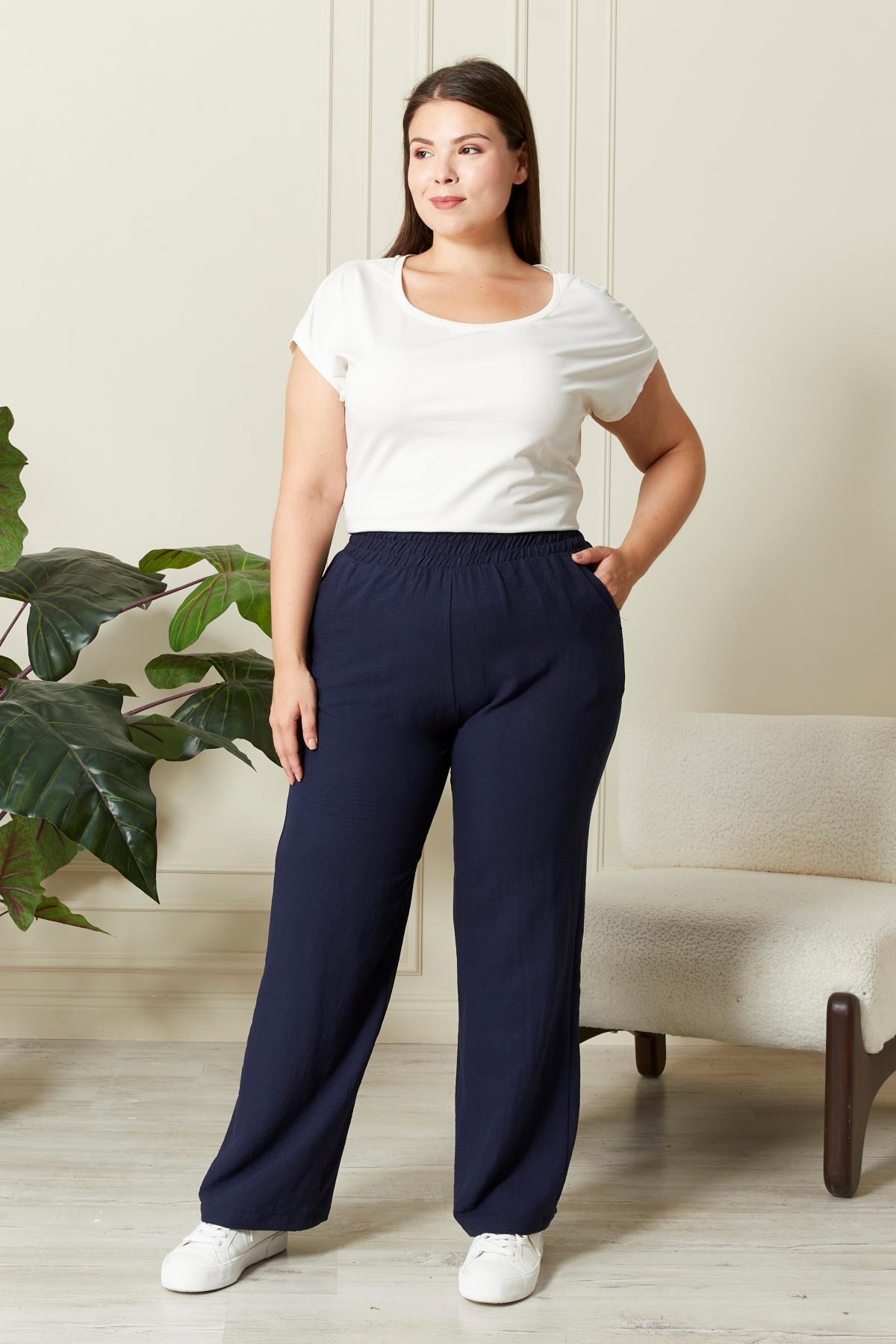 Rmg Beli Lastikli Geniş Paça Büyük Beden Lacivert Pantolon