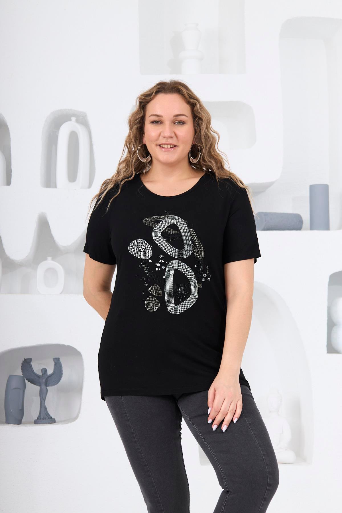 Rmg Taş Detaylı Büyük Beden Siyah Tişört