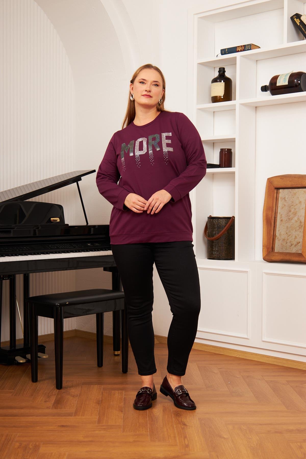 Büyük Beden Taş Baskılı Sweatshirt K.Mor