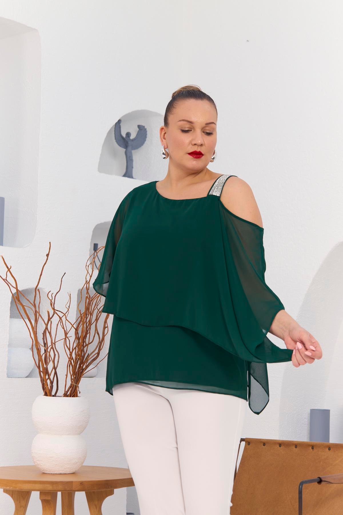 Rmg Omuz Taş Detay İçlikli Şifon Büyük Beden Bluz Zümrüt