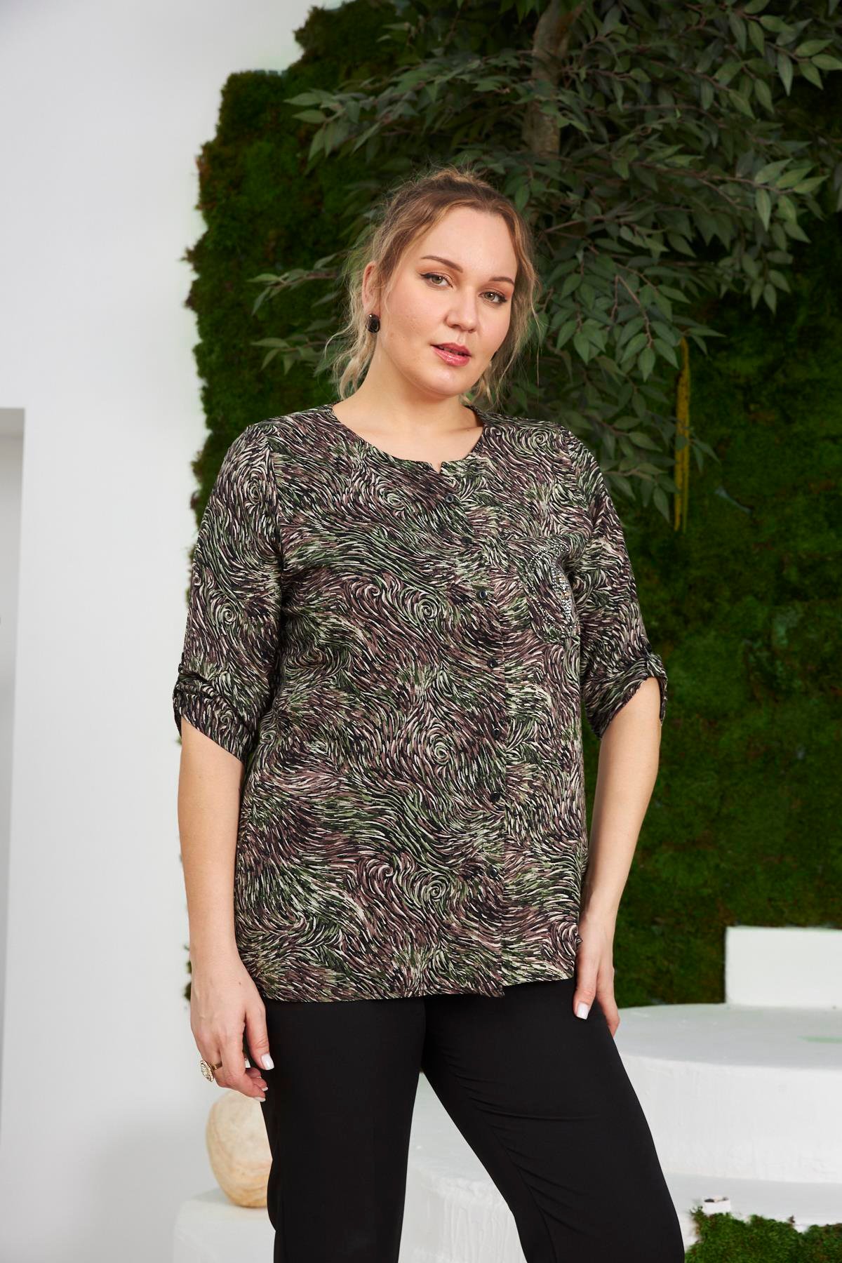 Rmg Desenli Cep Taş Detaylı Büyük Beden Haki Gömlek