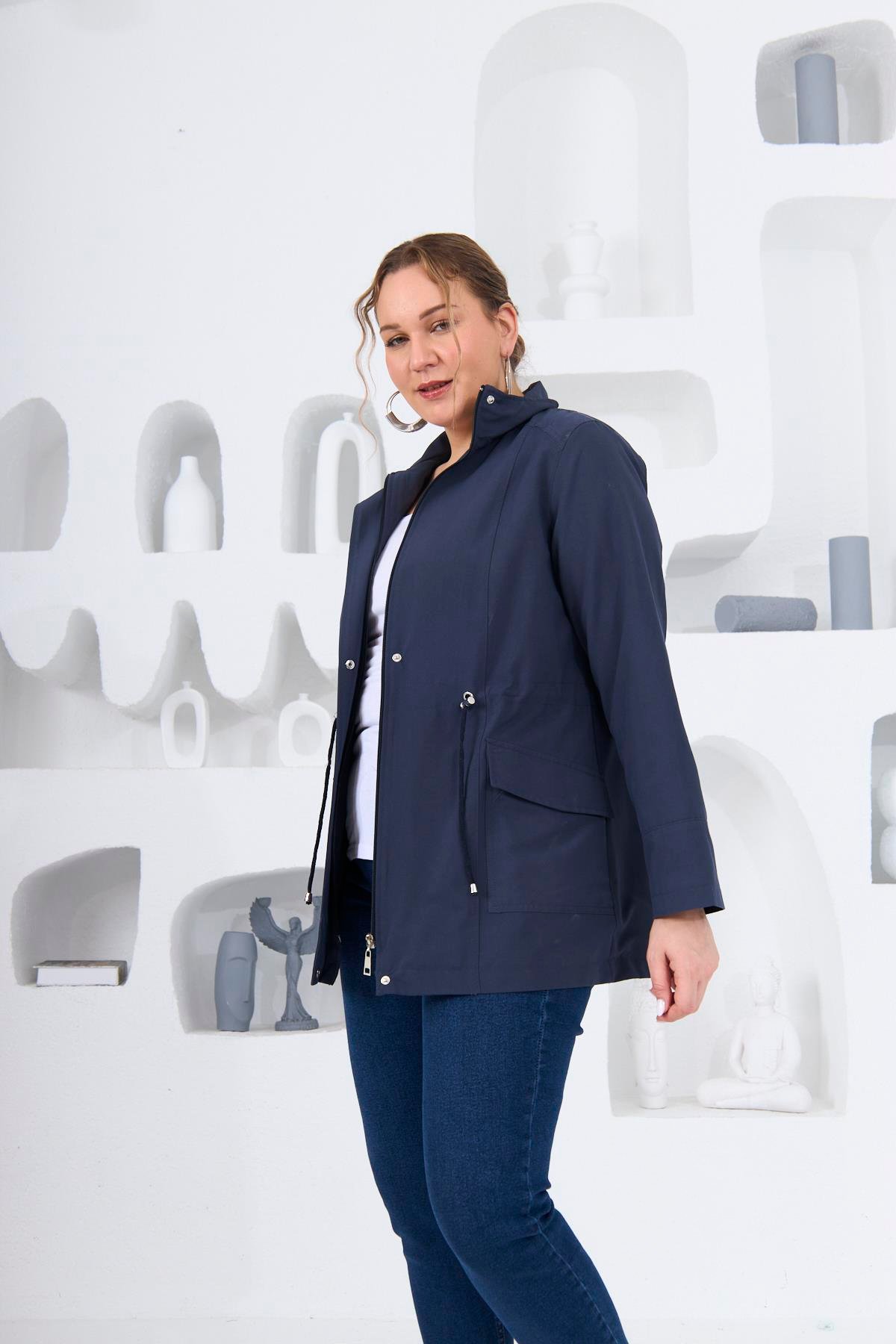 Büyük Beden Astarlı Trençkot Lacivert