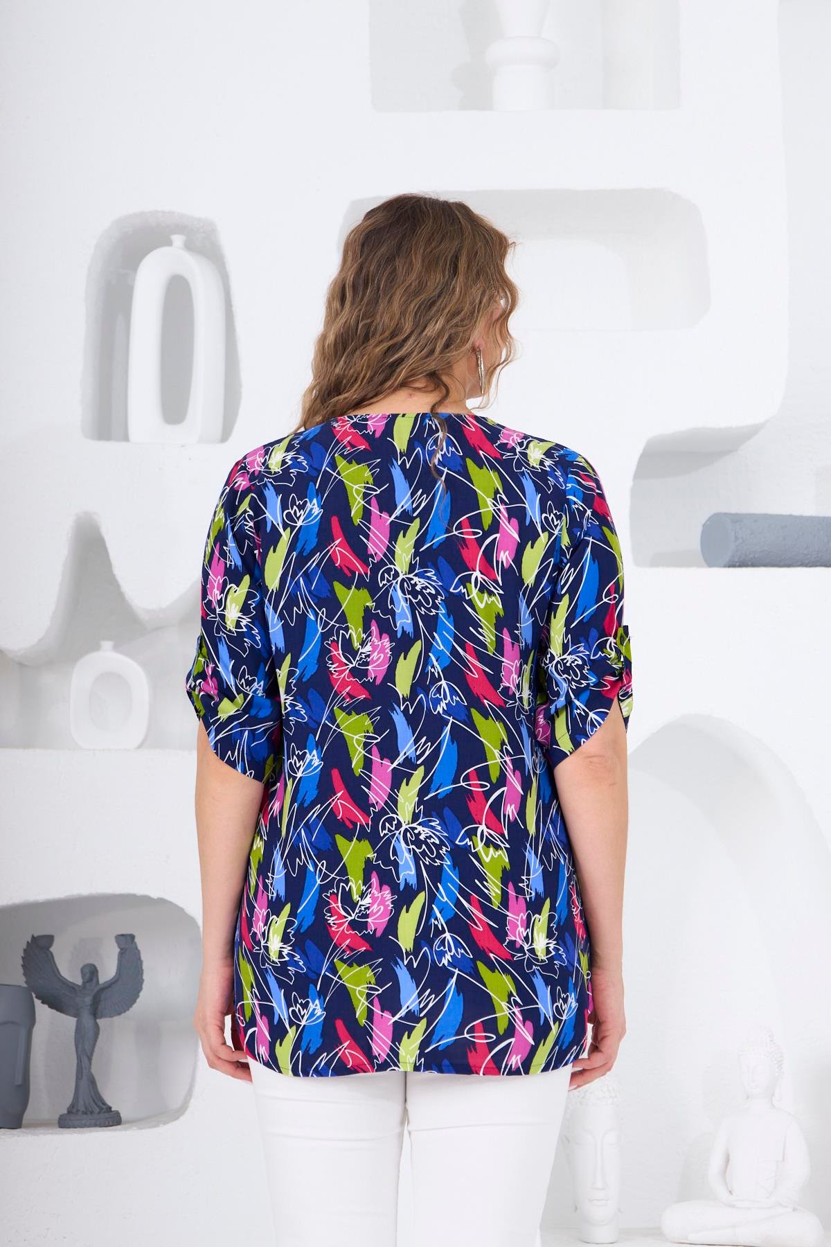 Rmg Desenli Lacivert Büyük Beden Bluz