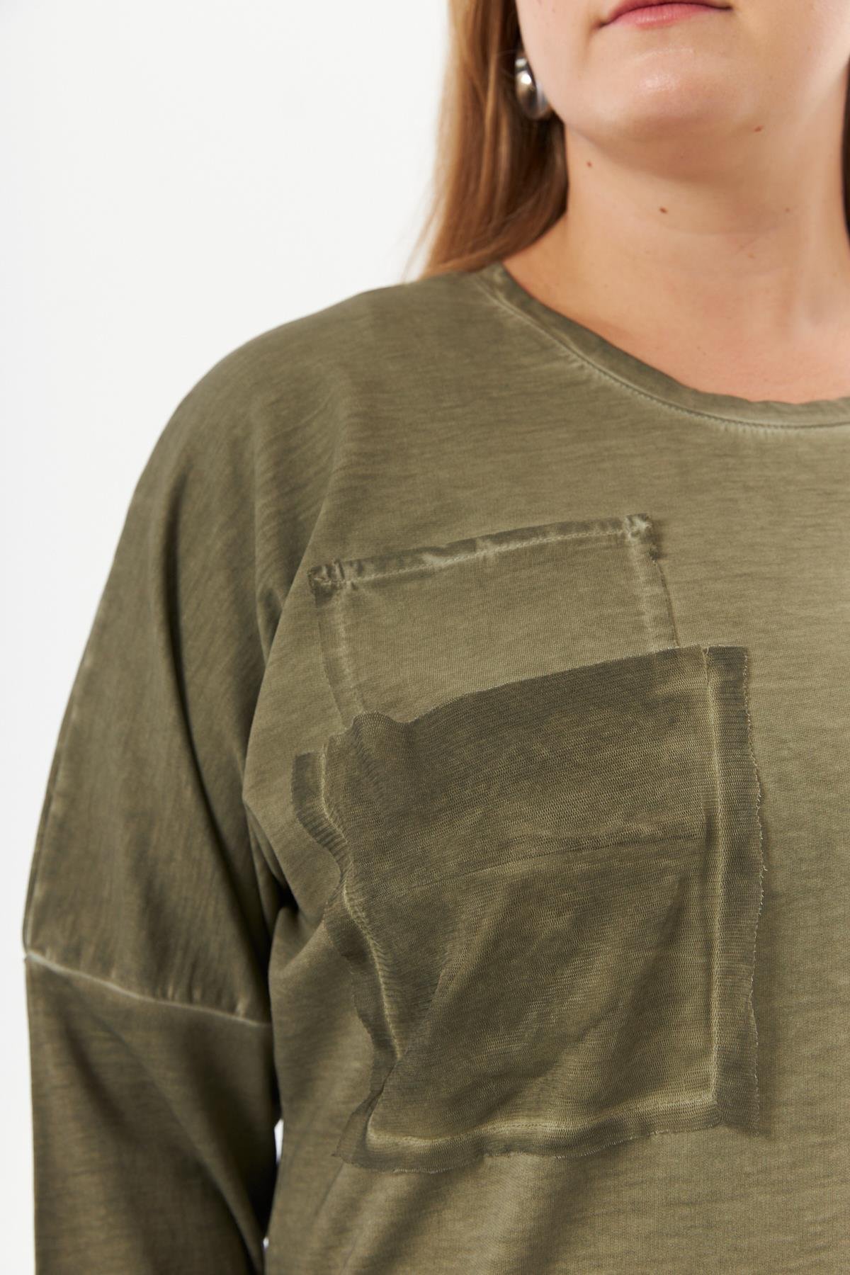 Büyük Beden Cep Detay Parça Boya Sweatshirt Haki