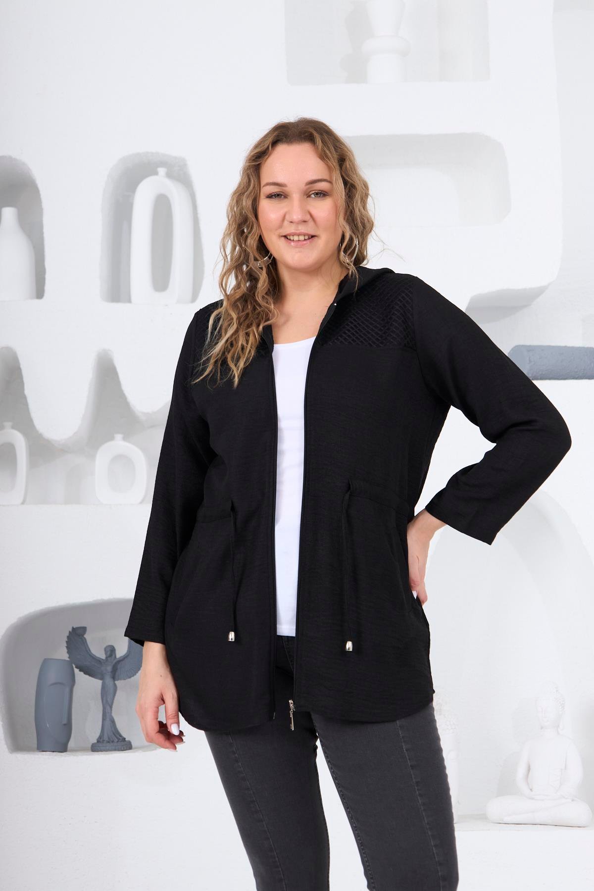 Rmg Omuz File Detaylı Keten Dokulu Büyük Beden Siyah Ceket