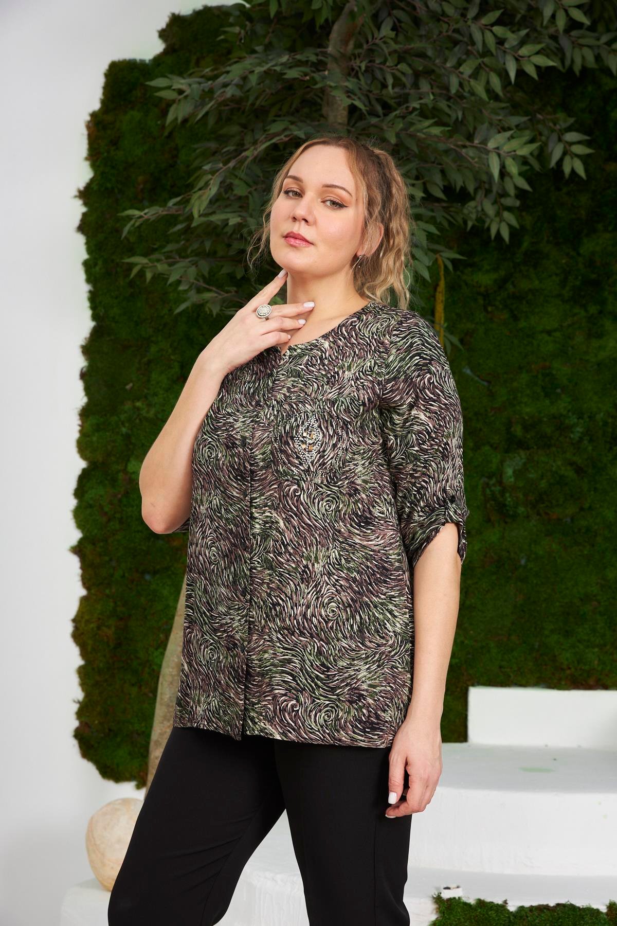 Rmg Desenli Cep Taş Detaylı Büyük Beden Haki Gömlek