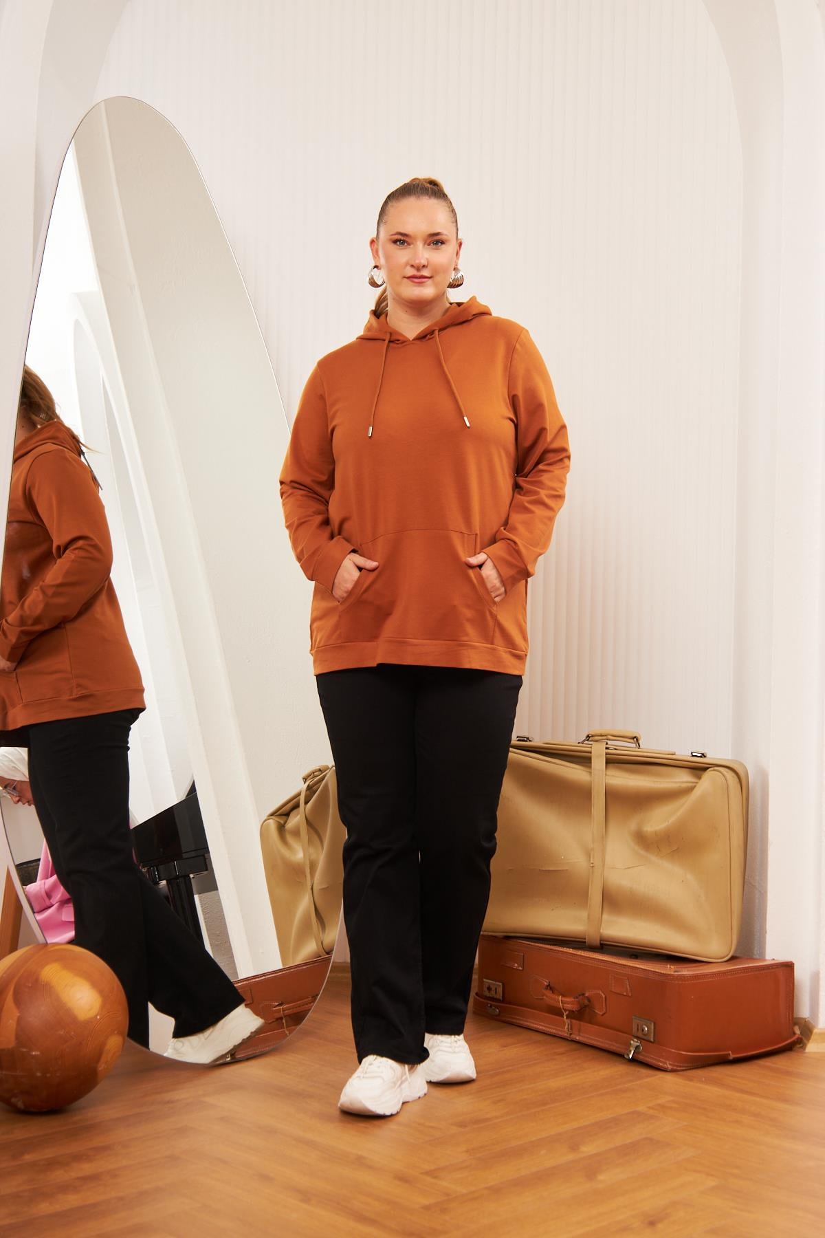 Rmg Kapşonlu Büyük Beden Camel Sweatshirt