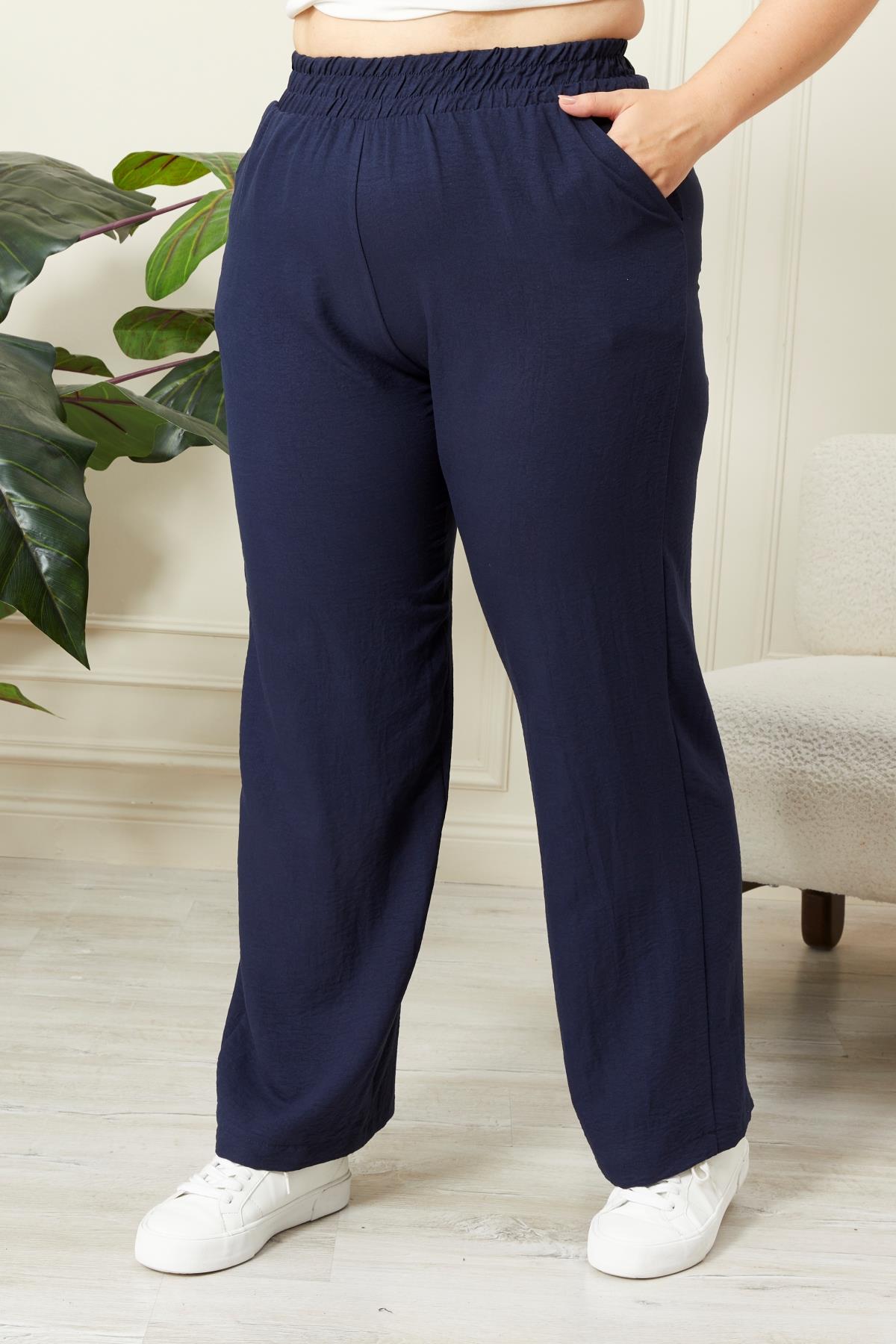 Rmg Beli Lastikli Geniş Paça Büyük Beden Lacivert Pantolon