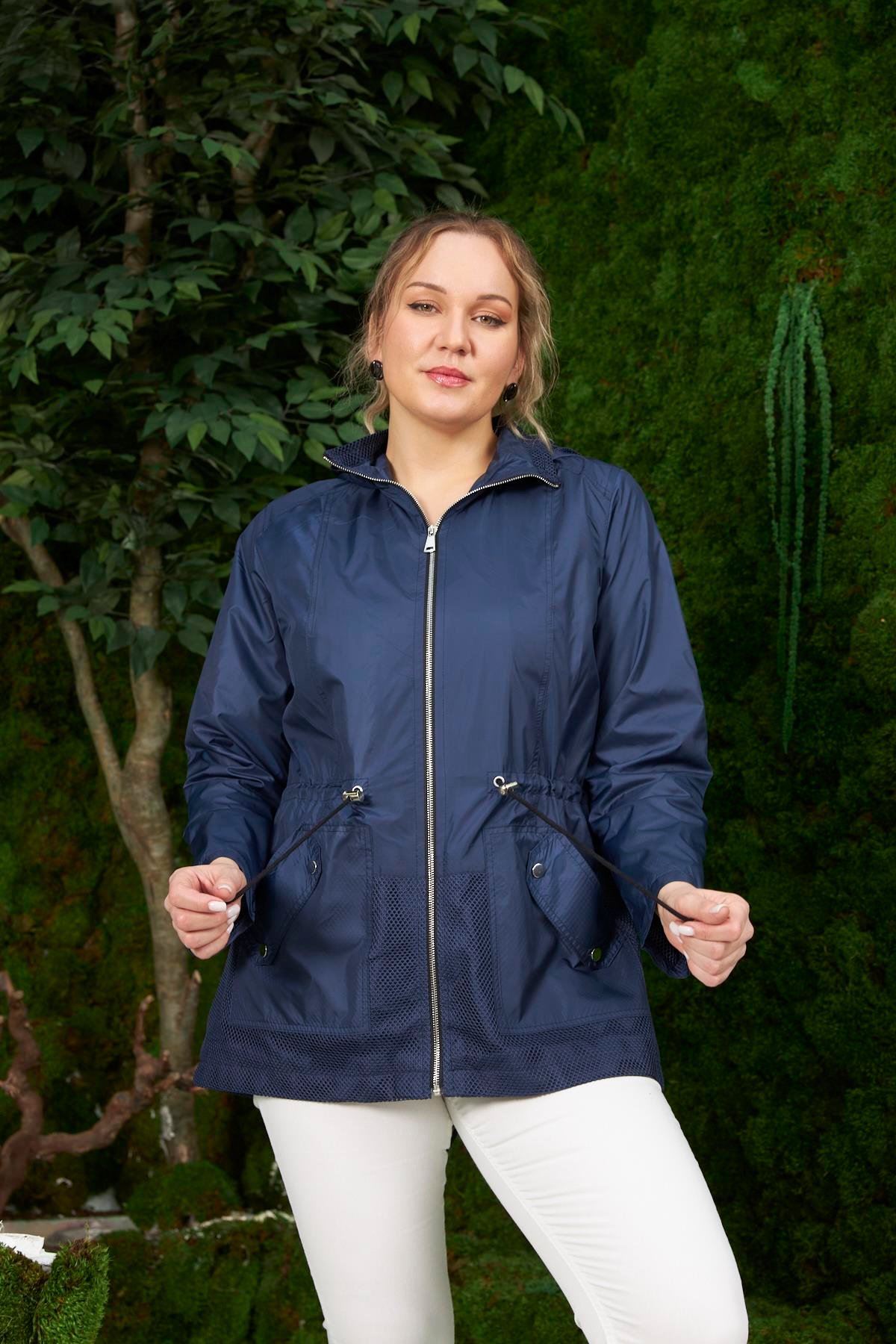 Rmg File Detaylı Büyük Beden Lacivert Trençkot