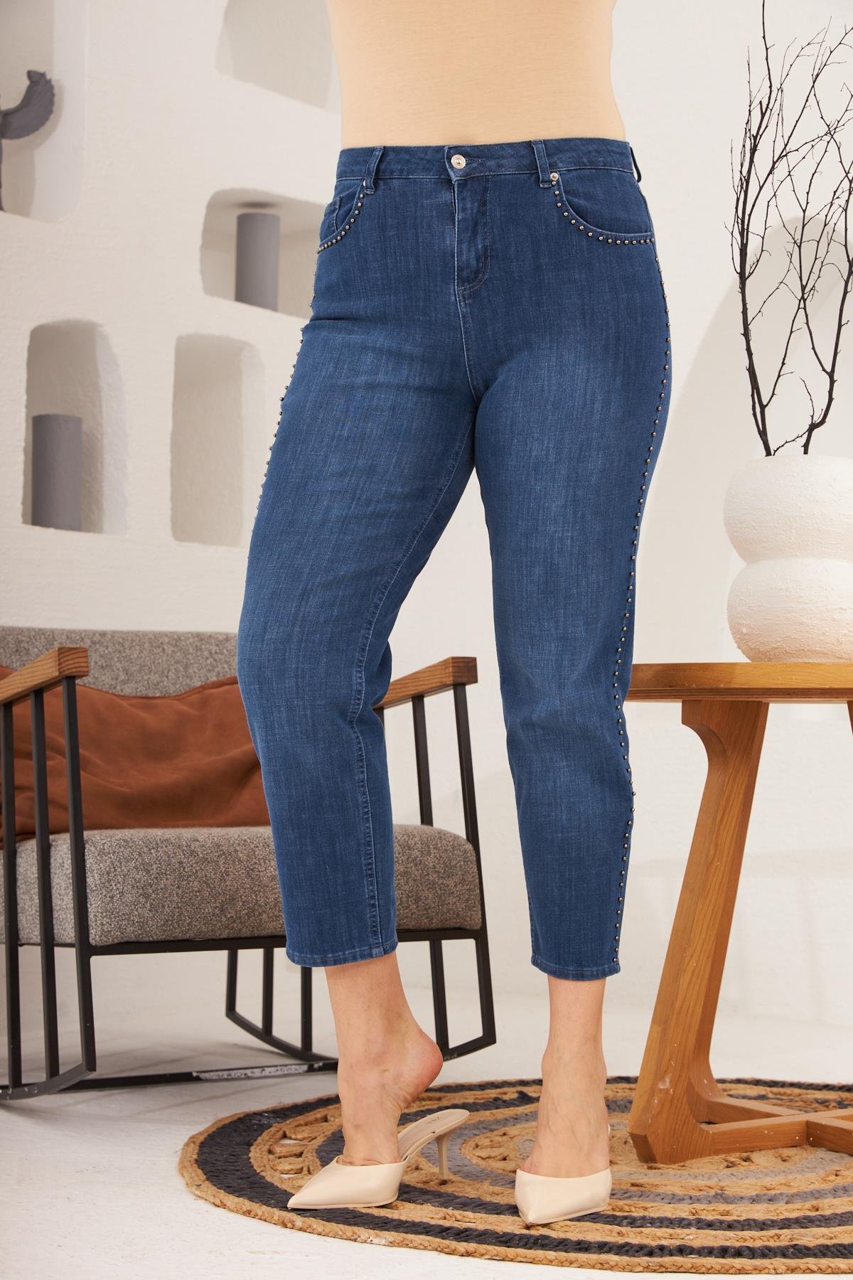 Rmg Yanları Taş Detaylı Büyük Beden Lacivert Kot Pantolon