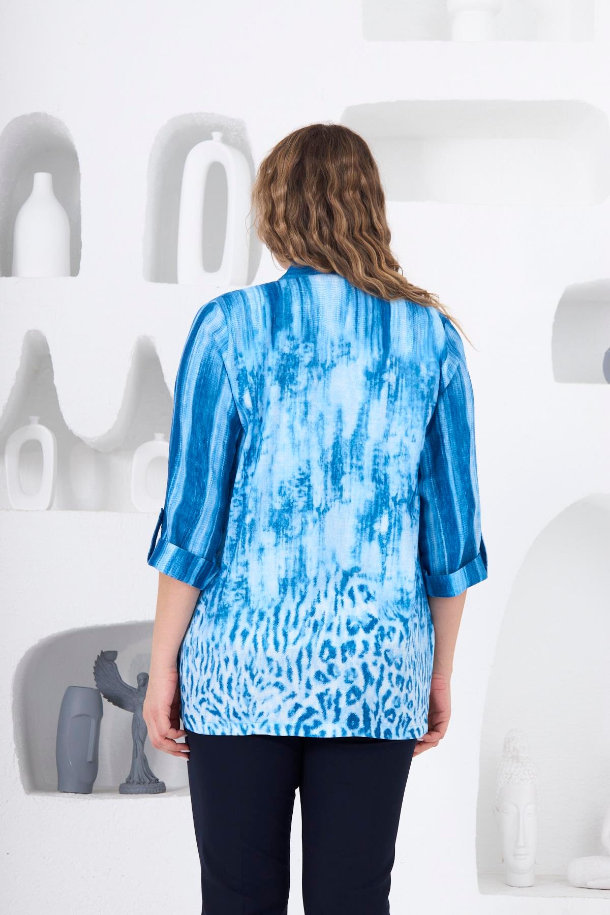 Rmg Kol Detaylı Cepli Desenli Büyük Beden İndigo Ceket