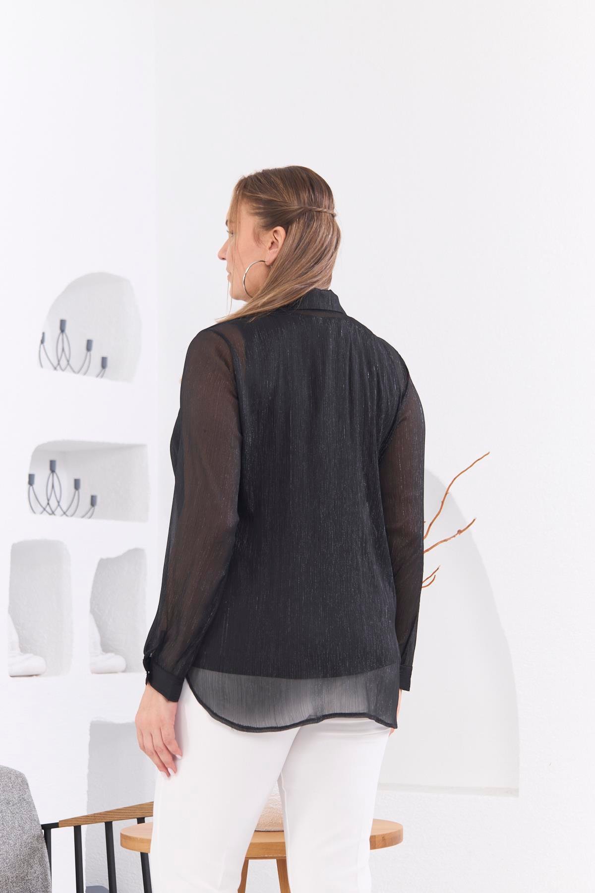 Rmg Simli Uzun Kol Büyük Beden Şifon Gömlek