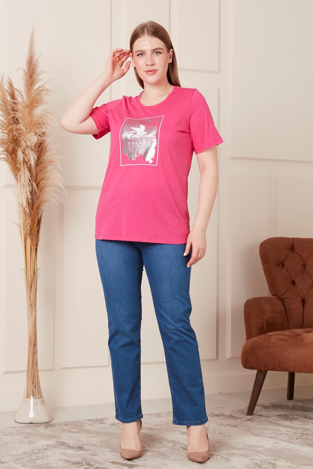 Rmg Nakış İşlemeli Baskılı Büyük Beden Fuşya Tişört