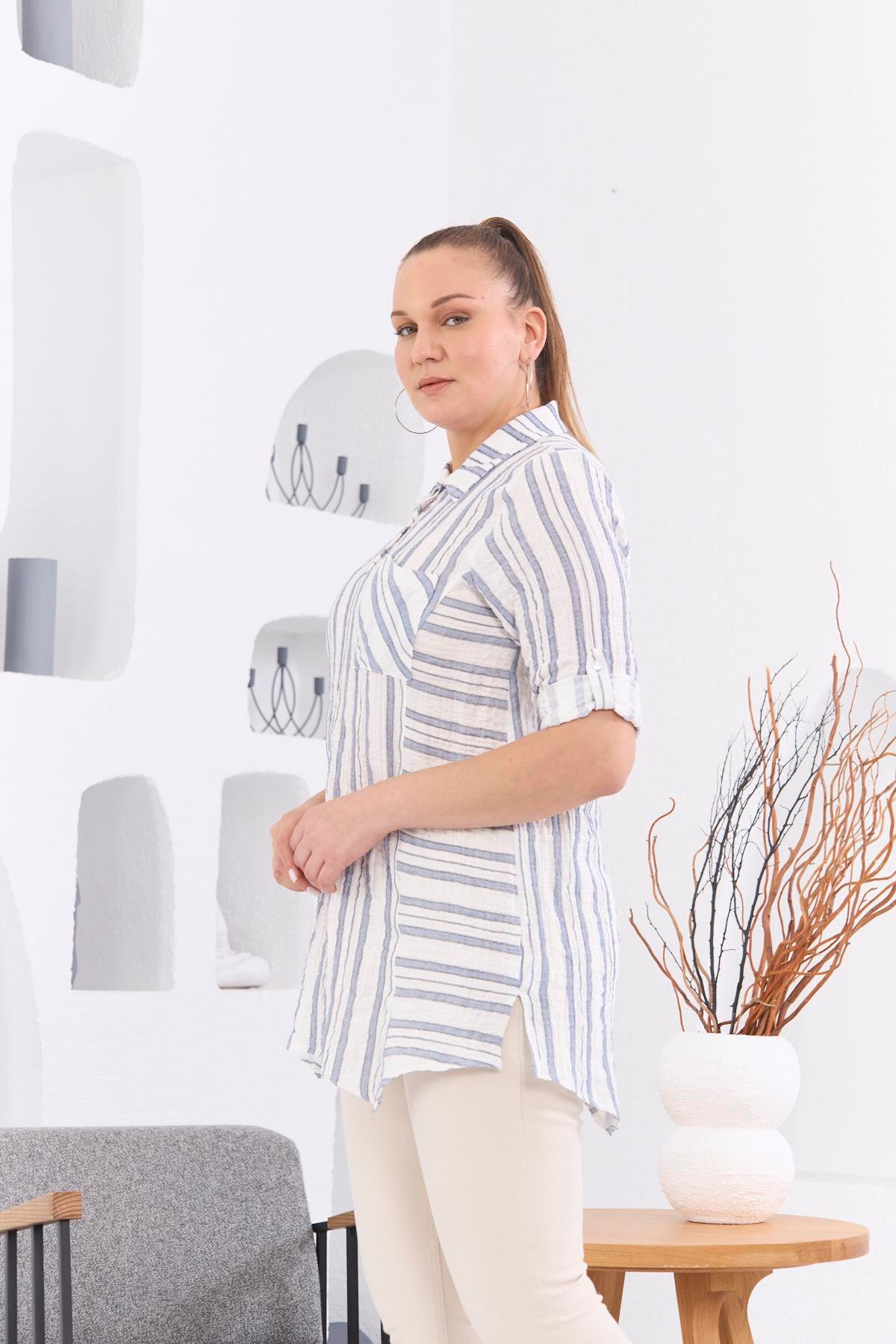 Rmg Asimetrik Kesim Çizgili Büyük Beden İndigo Tunik