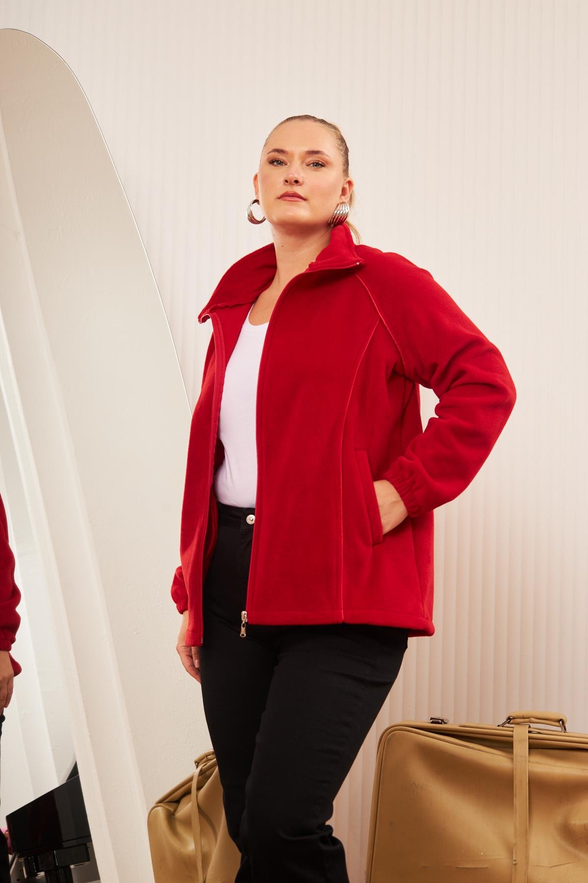 Büyük Beden Fermuarlı Polar Hırka Kırmızı