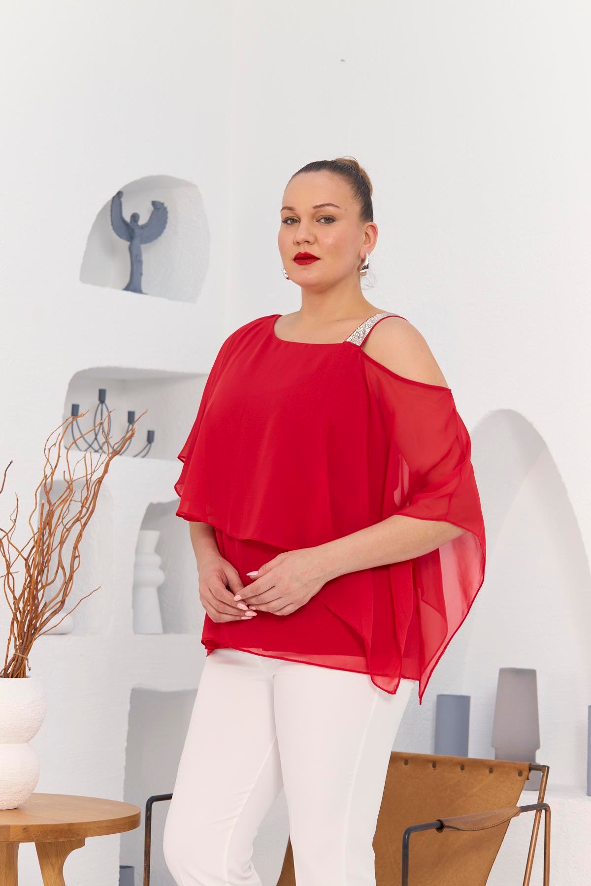 Rmg Omuz Taş Detay İçlikli Şifon Büyük Beden Bluz Mercan